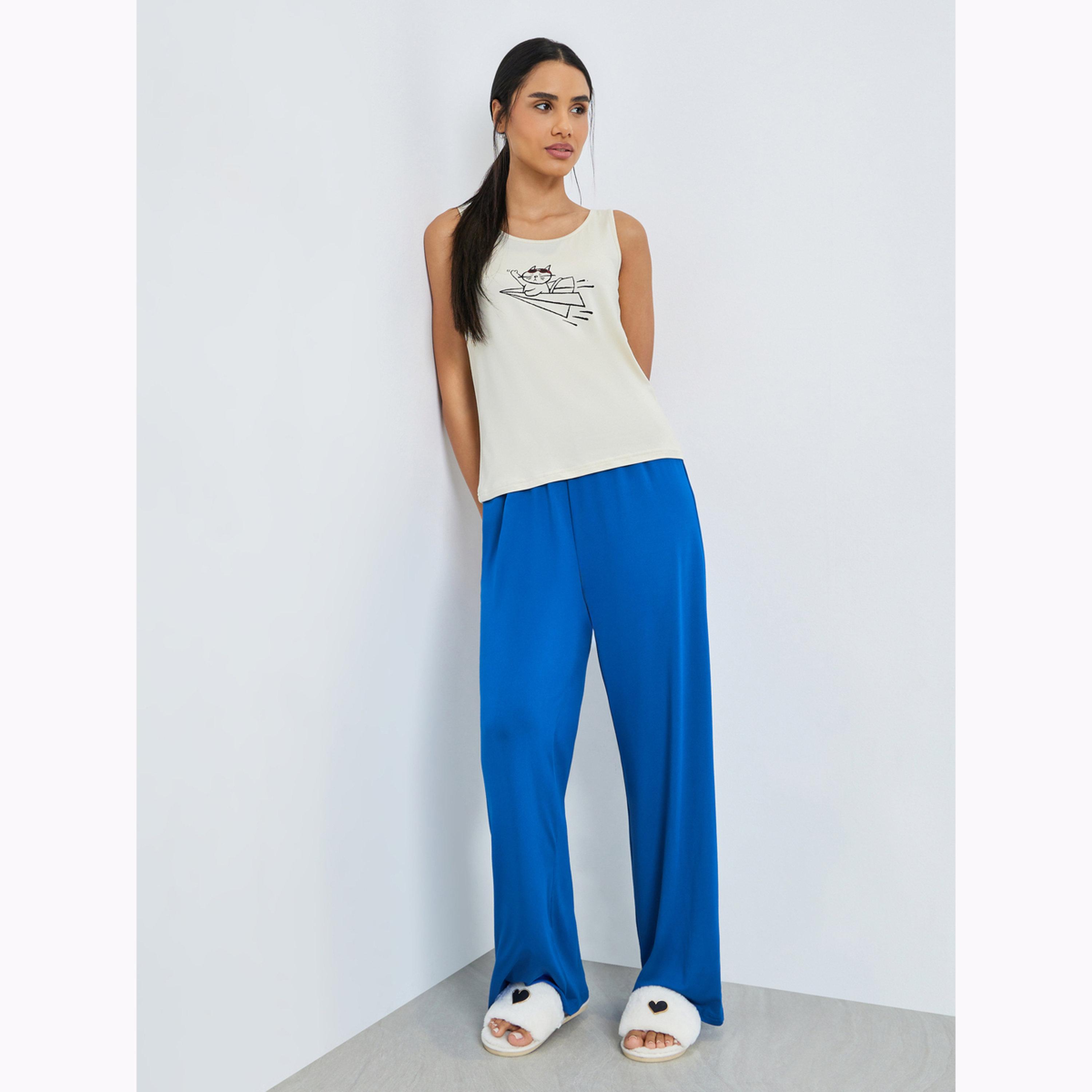 طقم بيجاما من بنطال وبلوزة تانك مطبوعة بدون أكمام-women-clothing-nightwear-pyjamas-longsets-image-1