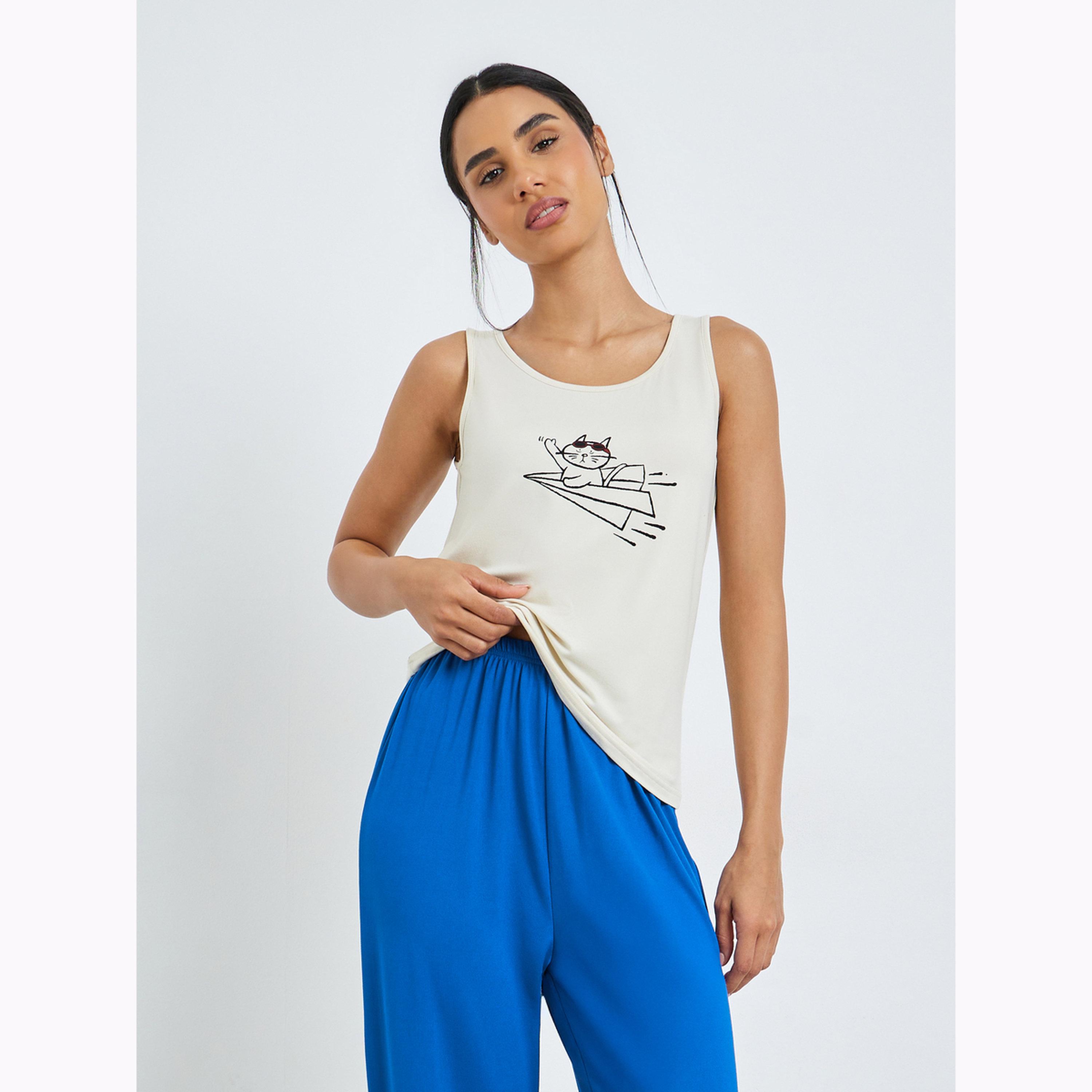 طقم بيجاما من بنطال وبلوزة تانك مطبوعة بدون أكمام-women-clothing-nightwear-pyjamas-longsets-image-2