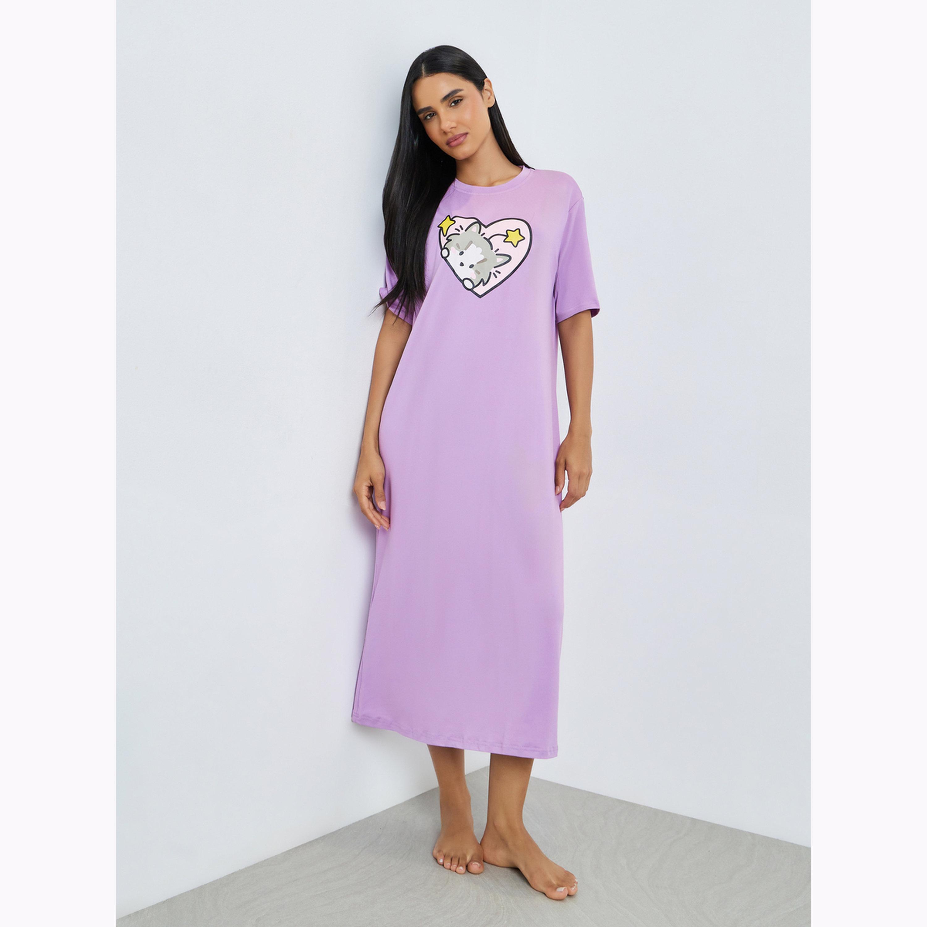 فستان نوم بنمط تيشيرت وطبعة قطة وقلب بلون أرجواني-women-clothing-nightwear-nighties-image-1
