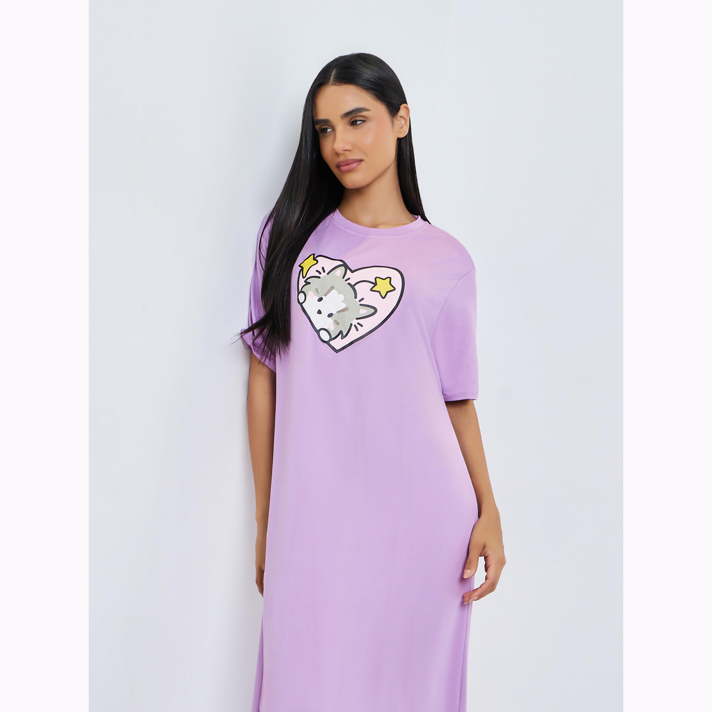 فستان نوم بنمط تيشيرت وطبعة قطة وقلب بلون أرجواني-women-clothing-nightwear-nighties-image-2