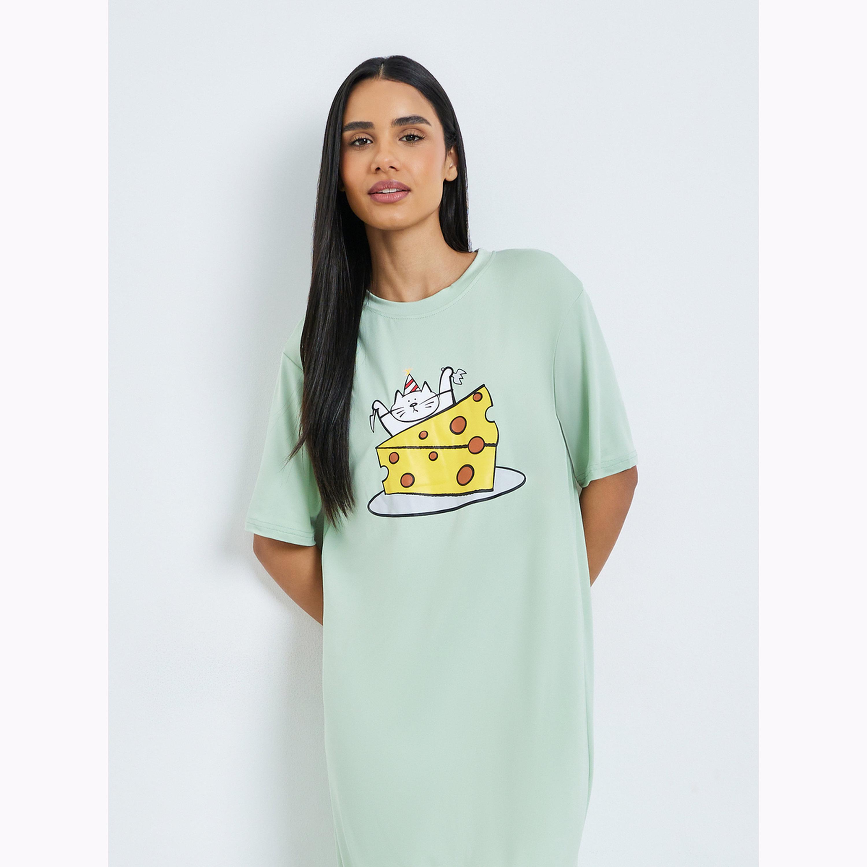 Styli Green Cat Cheese Graphic Sleep T-Shirt Dress-women-clothing-nightwear-nighties-image-2