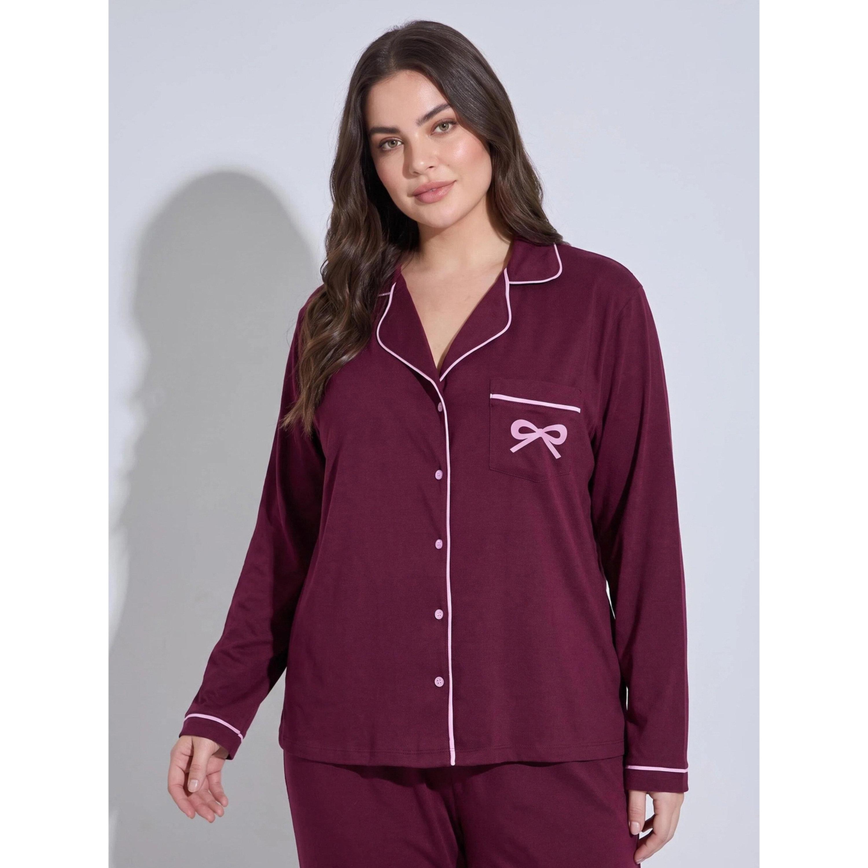 ستايلي - طقم تيشيرت بأكمام طويلة وجيب زينة طبعة فيونكة وحواف زينة خطوط-women-clothing-nightwear-pyjamas-longsets-image-2