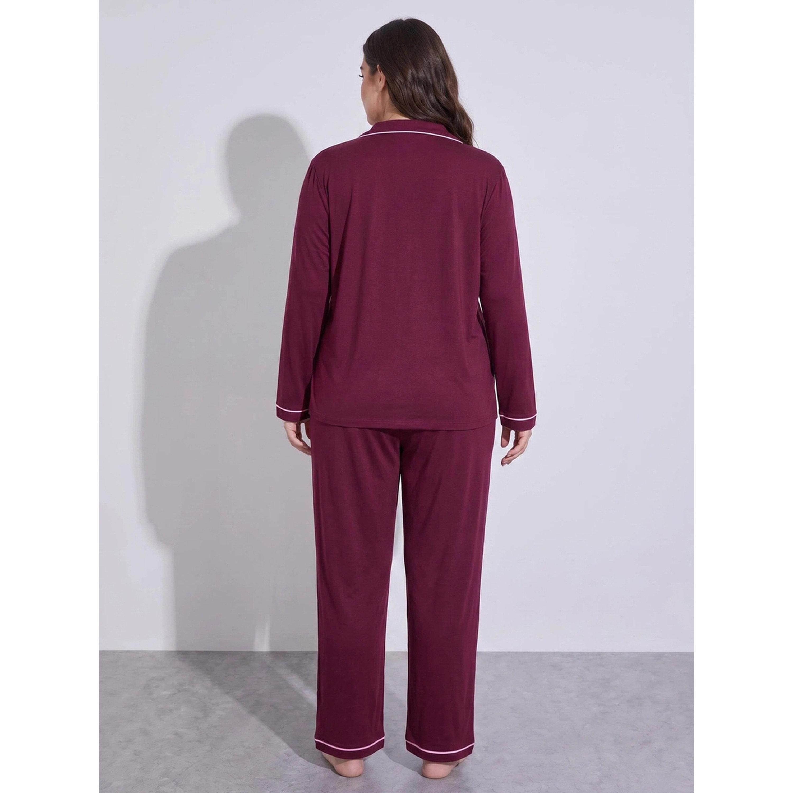 ستايلي - طقم تيشيرت بأكمام طويلة وجيب زينة طبعة فيونكة وحواف زينة خطوط-women-clothing-nightwear-pyjamas-longsets-image-3