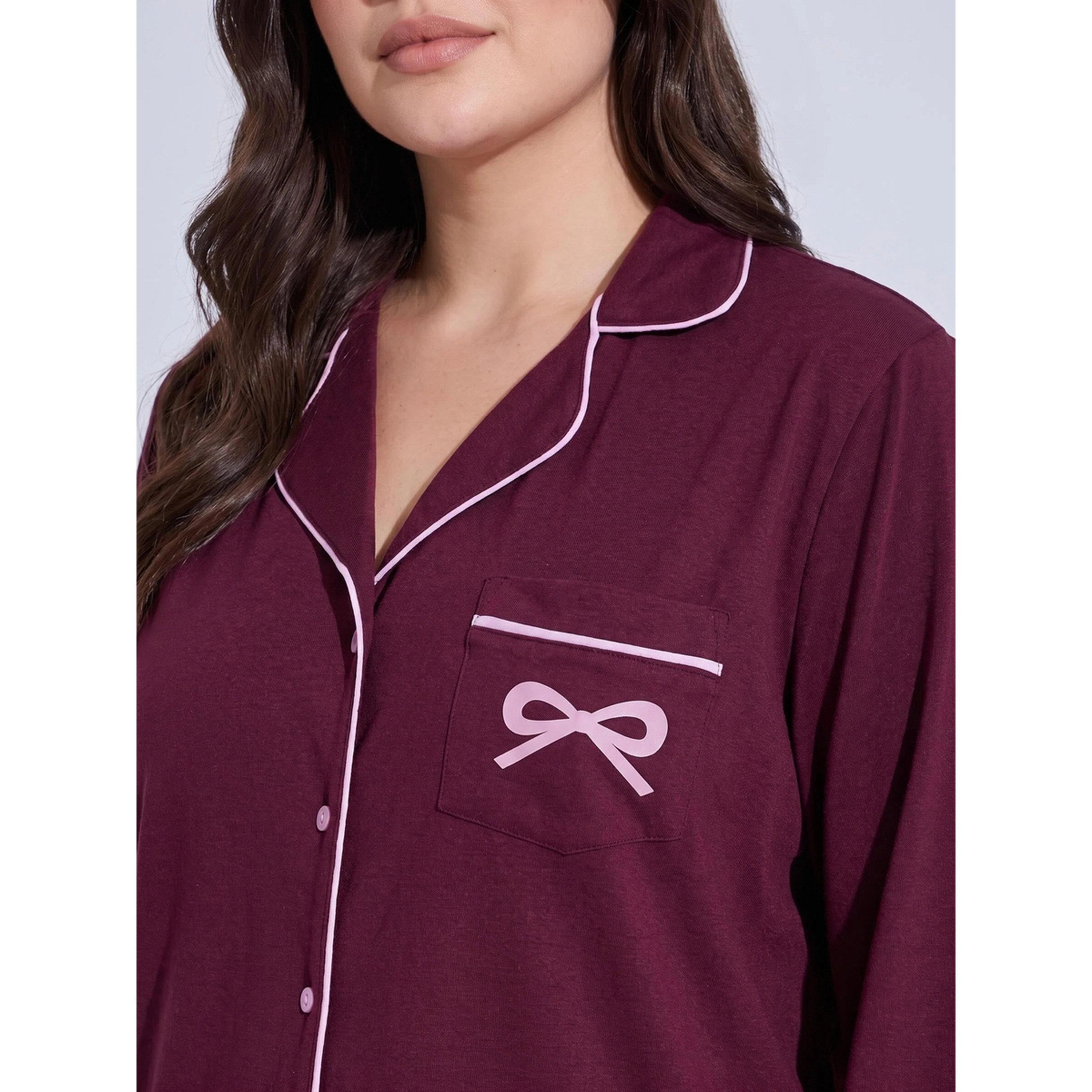 ستايلي - طقم تيشيرت بأكمام طويلة وجيب زينة طبعة فيونكة وحواف زينة خطوط-women-clothing-nightwear-pyjamas-longsets-image-5