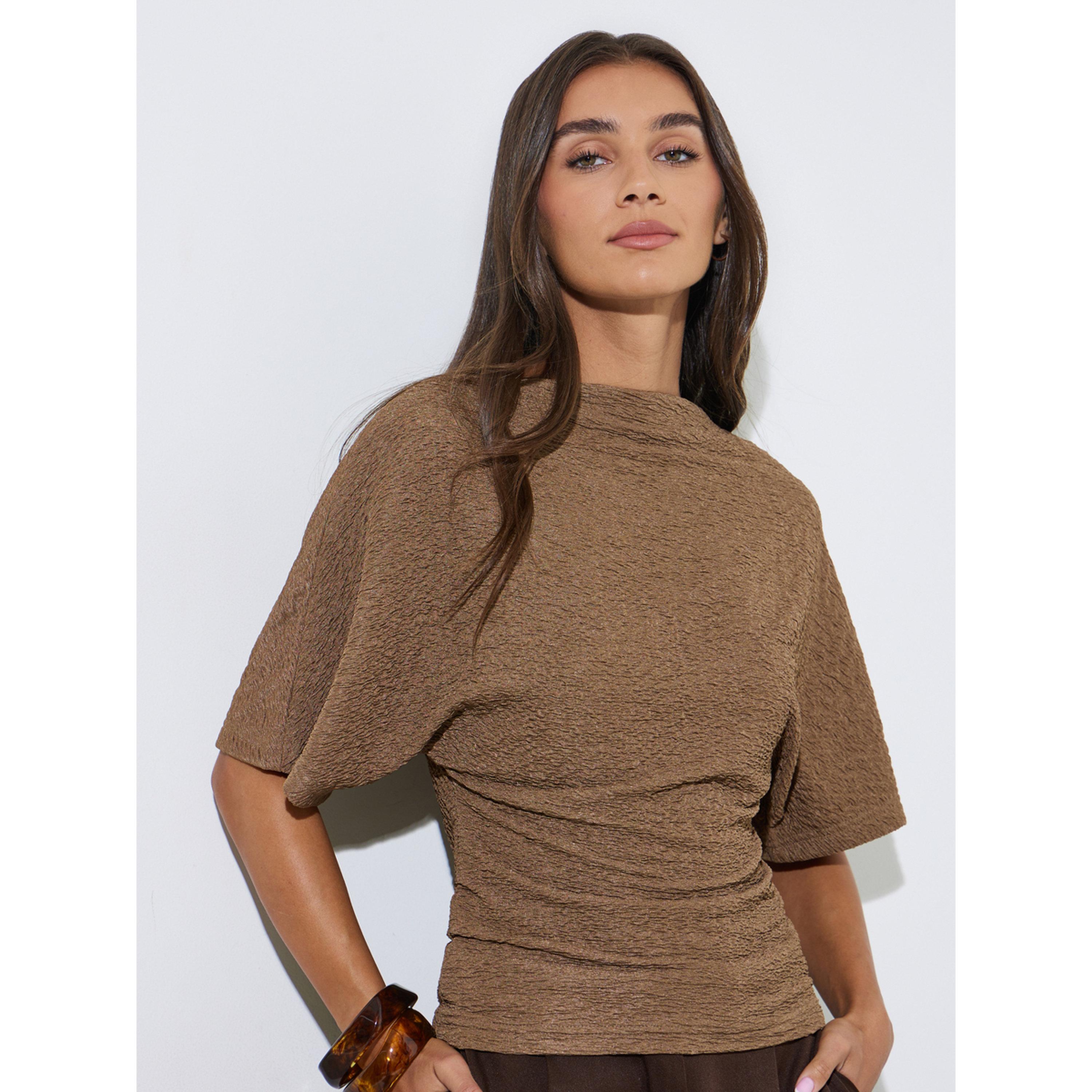 Styli Brown Solid Knit Short Sleeve High Neck Top-women-clothing-shirtsandblouses-blouses-image-1