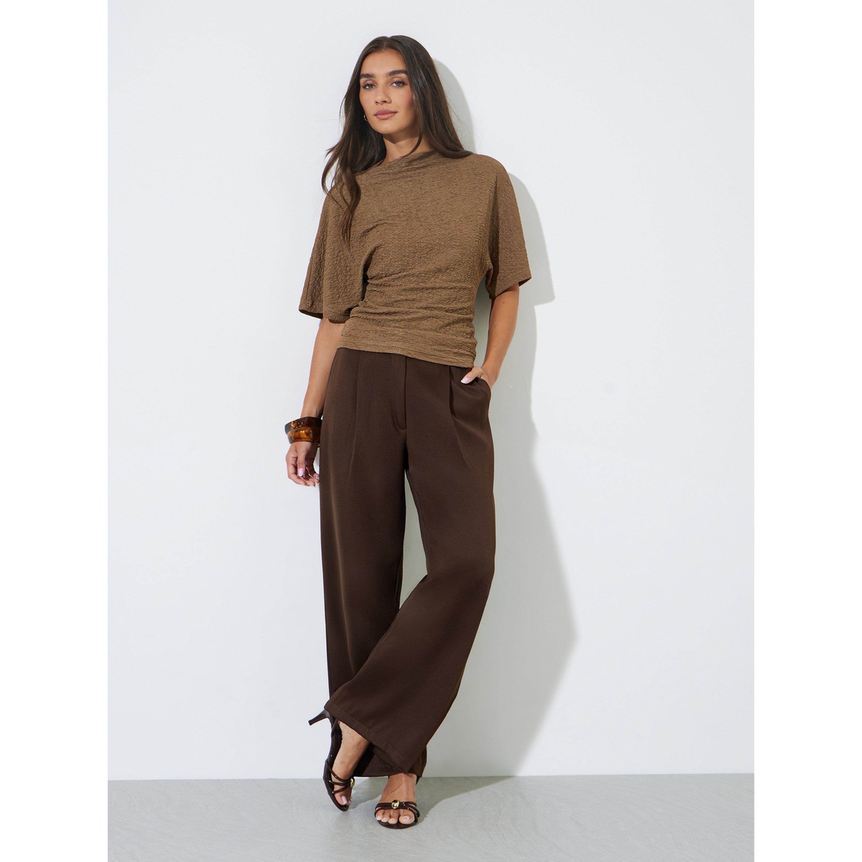 Styli Brown Solid Knit Short Sleeve High Neck Top-women-clothing-shirtsandblouses-blouses-image-2