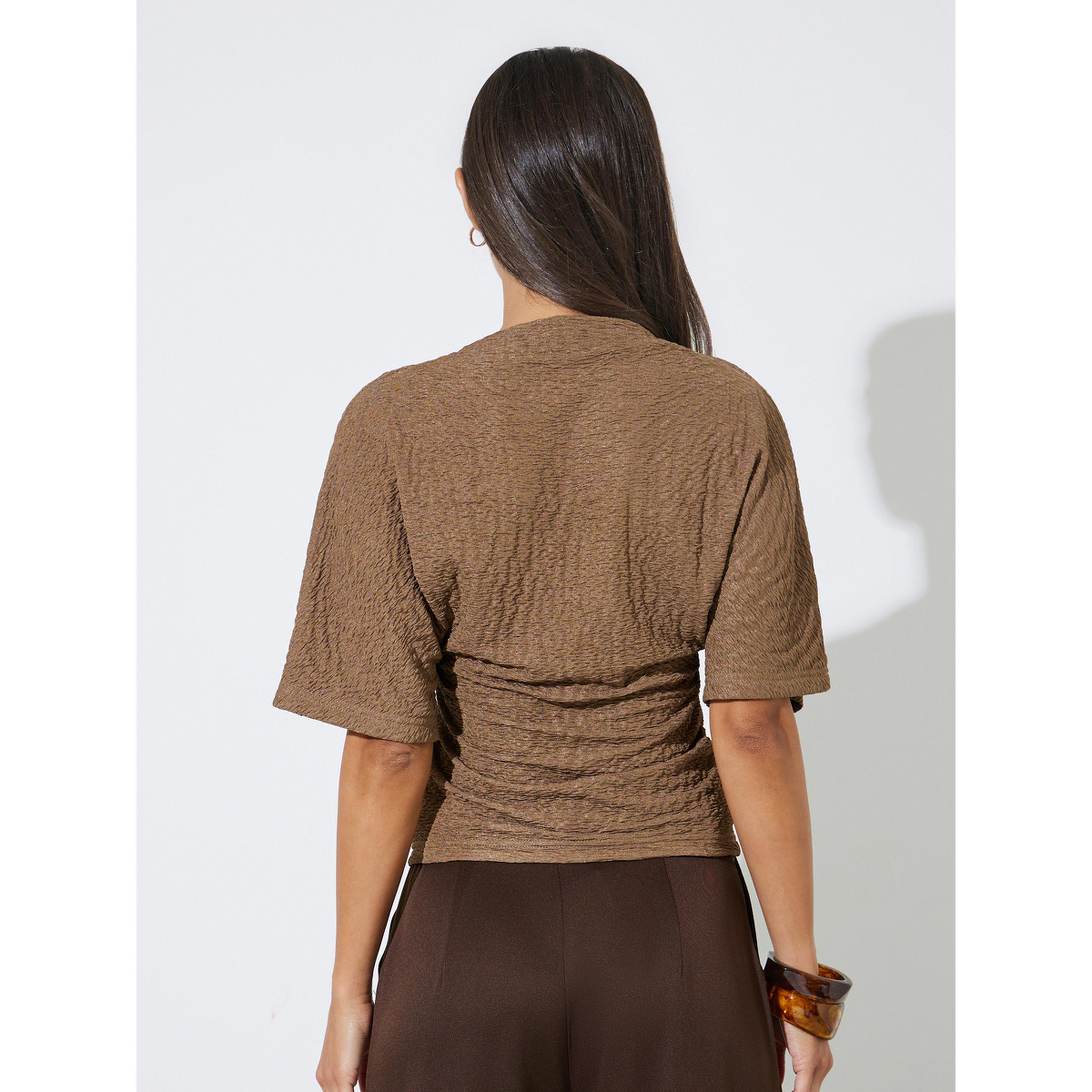 Styli Brown Solid Knit Short Sleeve High Neck Top-women-clothing-shirtsandblouses-blouses-image-3