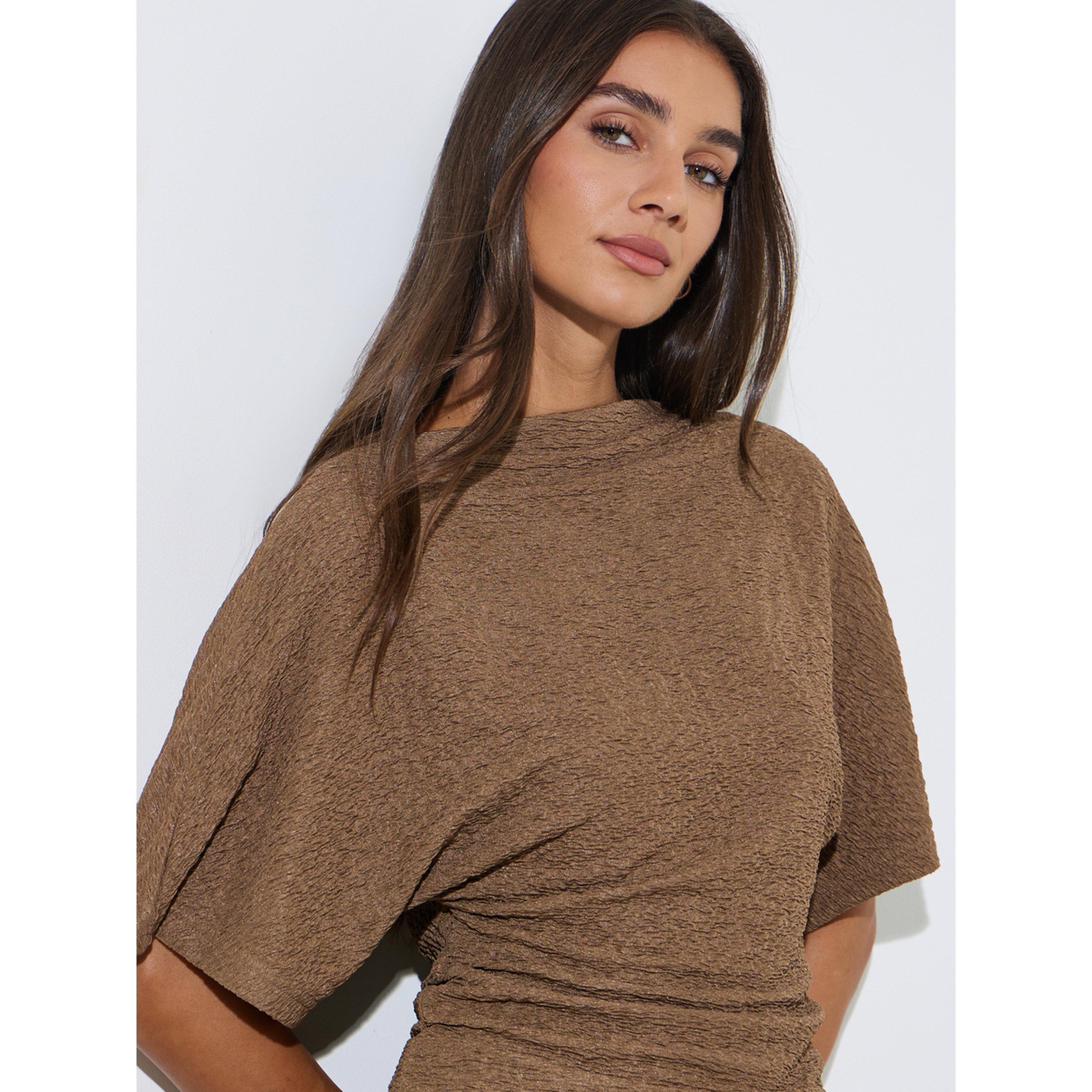 Styli Brown Solid Knit Short Sleeve High Neck Top-women-clothing-shirtsandblouses-blouses-image-5