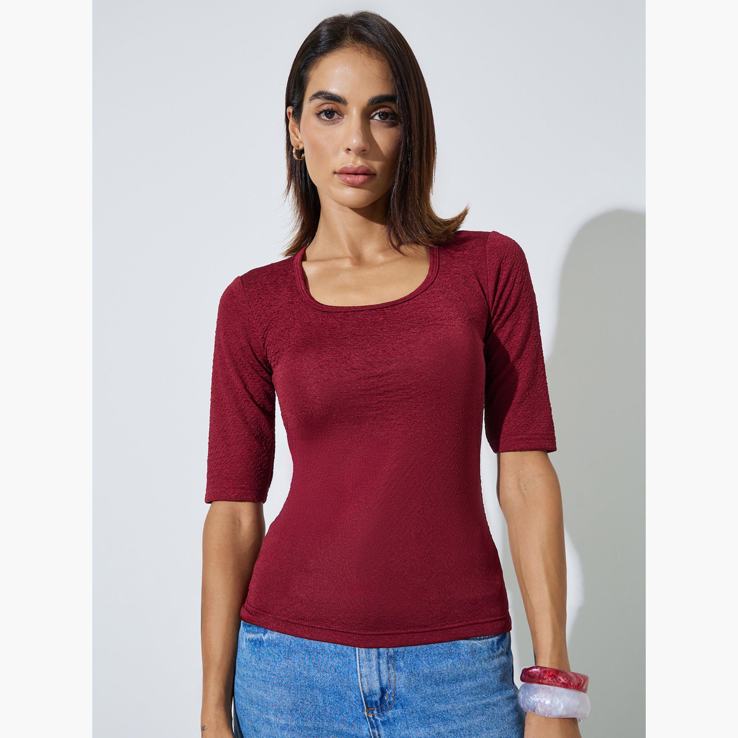 Styli Burgundy Textured Square Neck Knit Top-women-clothing-tshirts-image-1