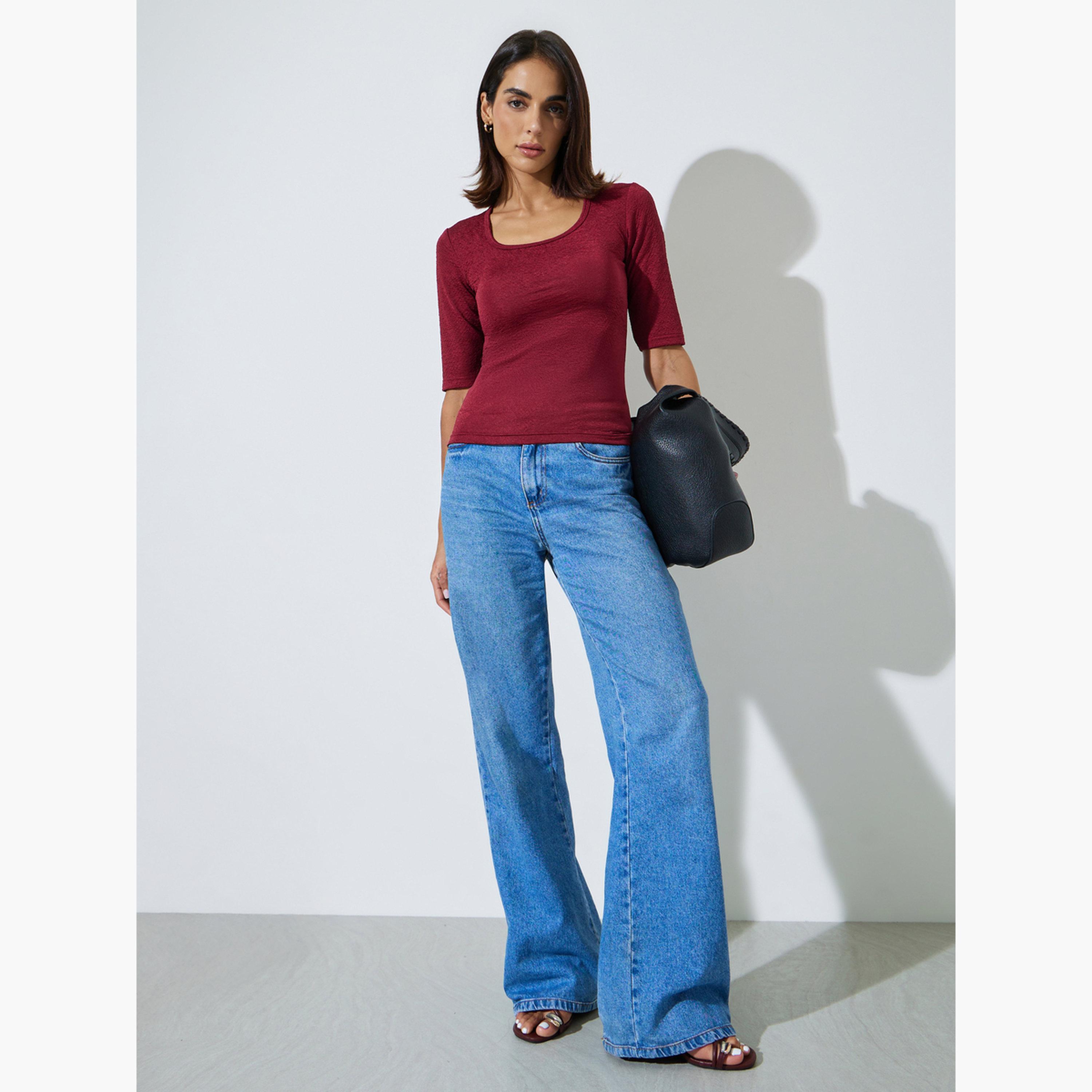 Styli Burgundy Textured Square Neck Knit Top-women-clothing-tshirts-image-2