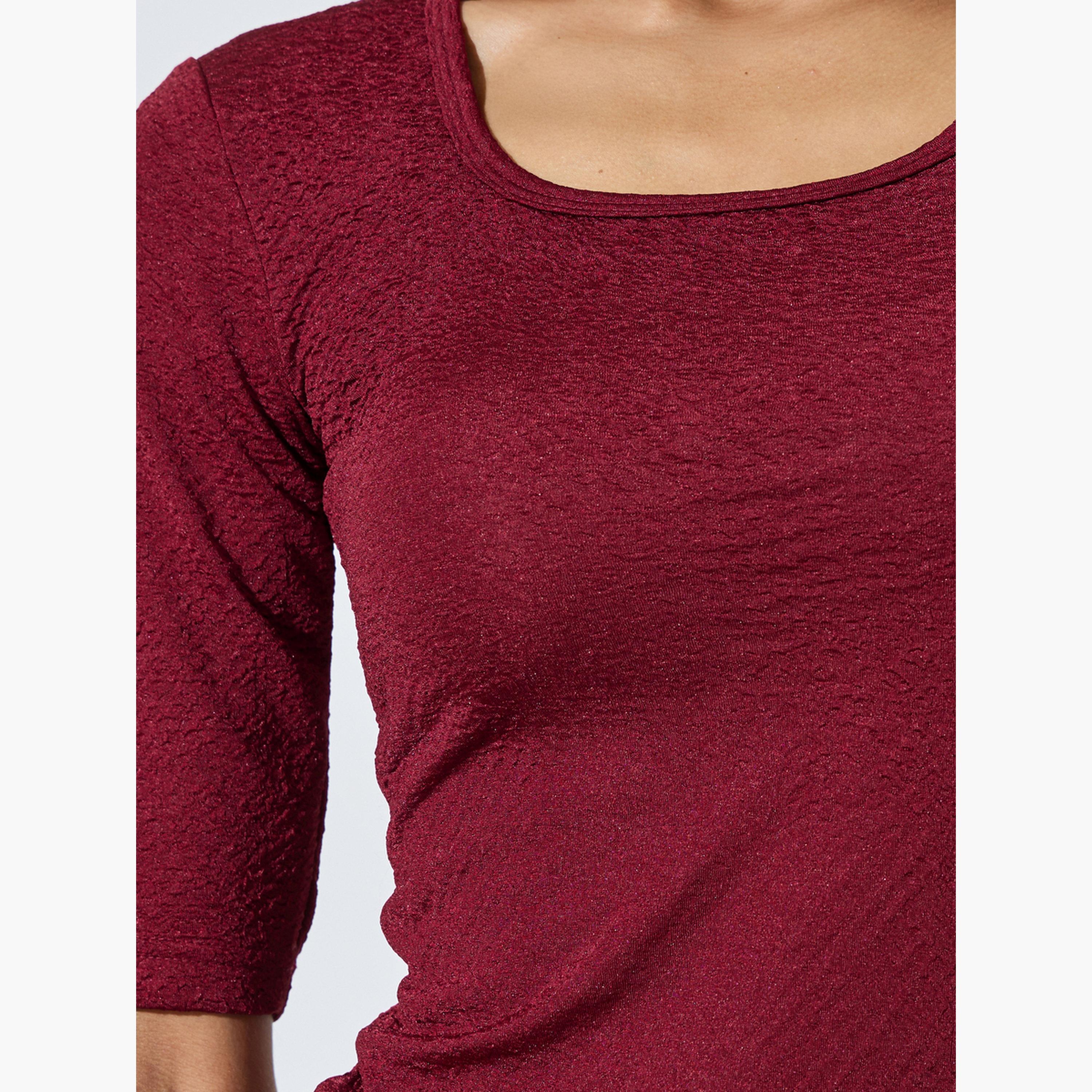 Styli Burgundy Textured Square Neck Knit Top-women-clothing-tshirts-image-5
