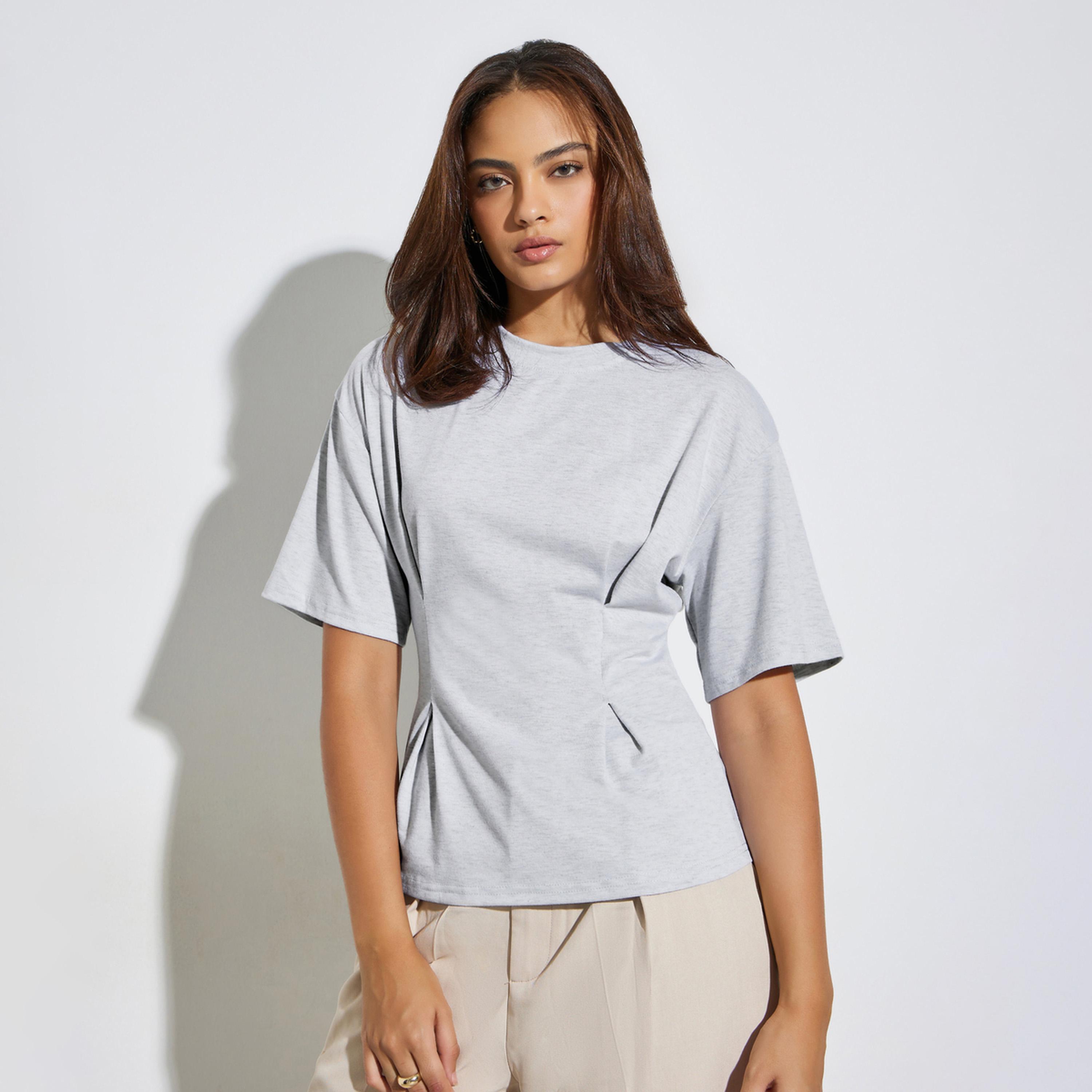 تيشيرت سادة بكسرات عند الخصر-women-clothing-shirtsandblouses-blouses-image-1
