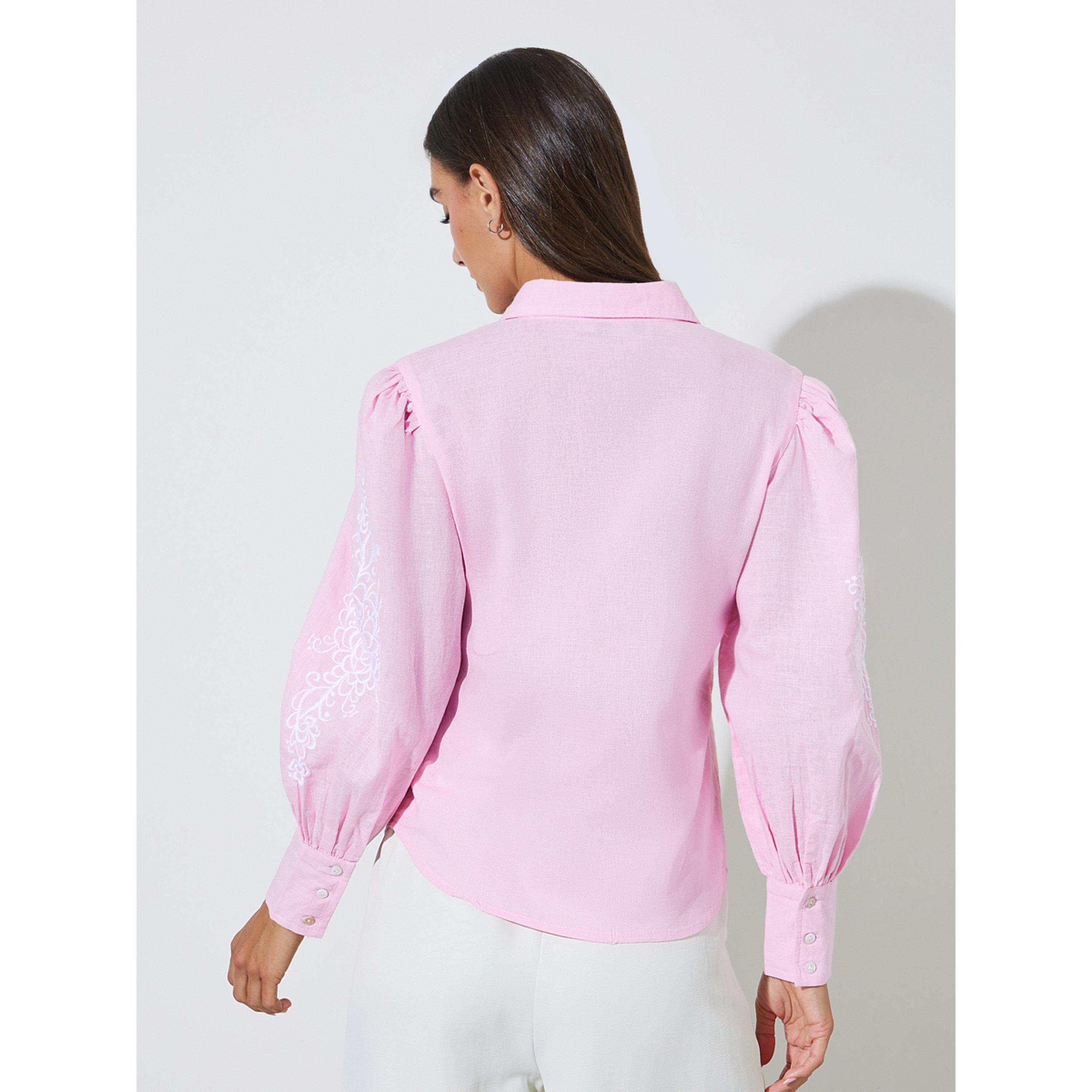 بلوزة بقصة عادية وأكمام طويلة ومطرزة باللون الوردي-women-clothing-shirtsandblouses-shirts-image-3