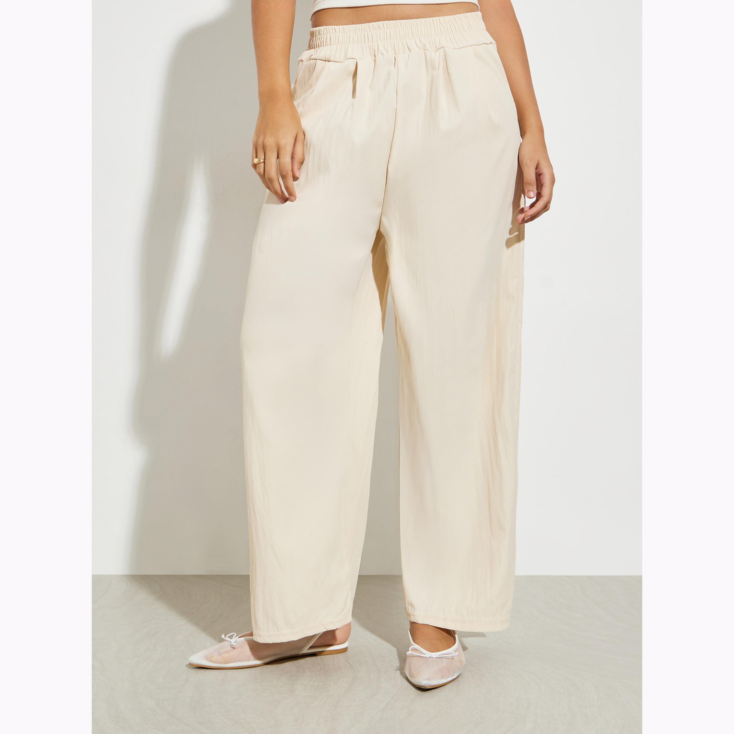 Styli Cream Solid Wide Leg Pants with Pocket-women-clothing-bottoms-joggers-image-1