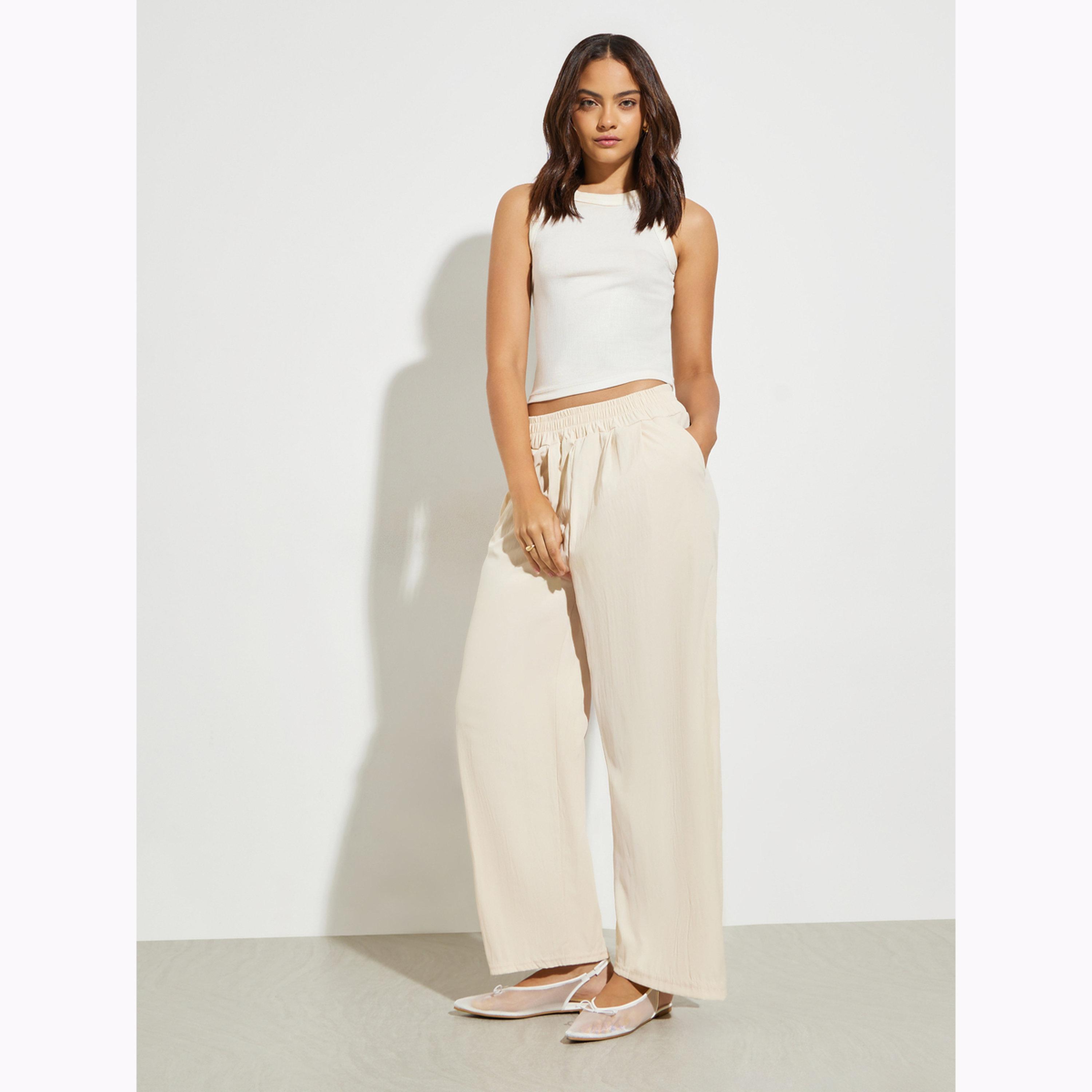Styli Cream Solid Wide Leg Pants with Pocket-women-clothing-bottoms-joggers-image-3