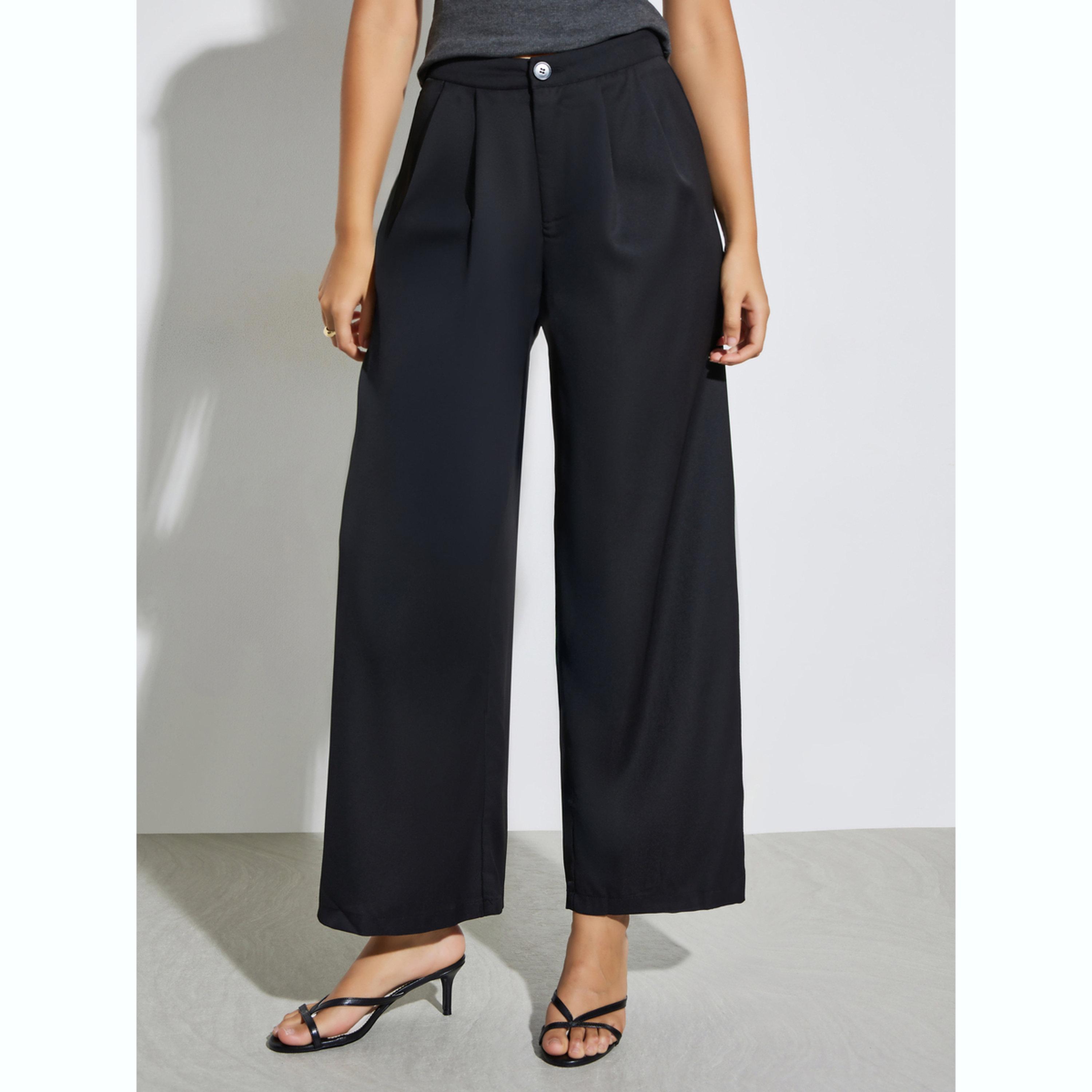 Styli Black Solid Casual Wide Leg Pants-women-clothing-bottoms-trousers-image-1
