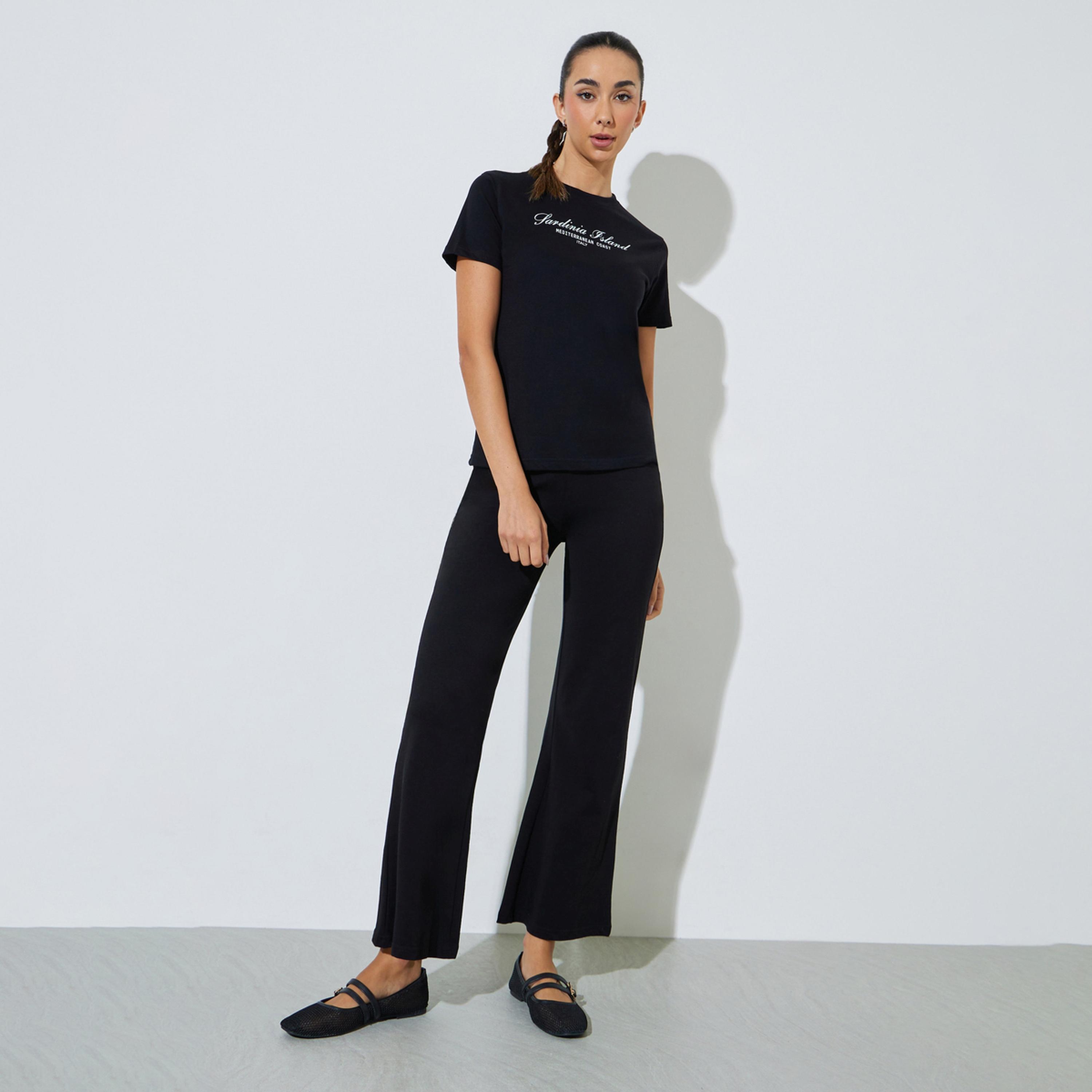 Styli Black Cotton Text Print T-Shirt and Flared Leggings Co-Ord Set-women-clothing-coordsets-image-1