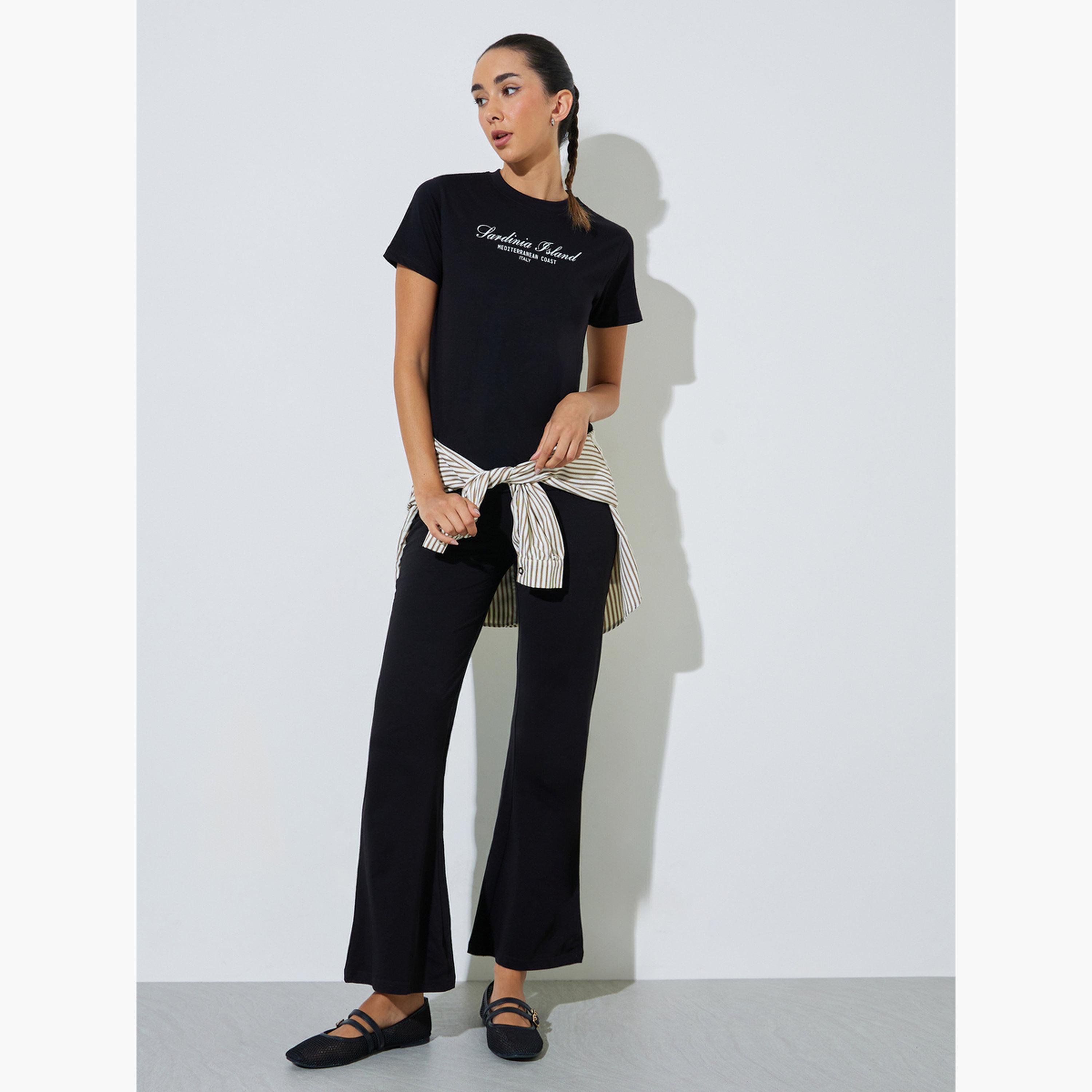 Styli Black Cotton Text Print T-Shirt and Flared Leggings Co-Ord Set-women-clothing-coordsets-image-2
