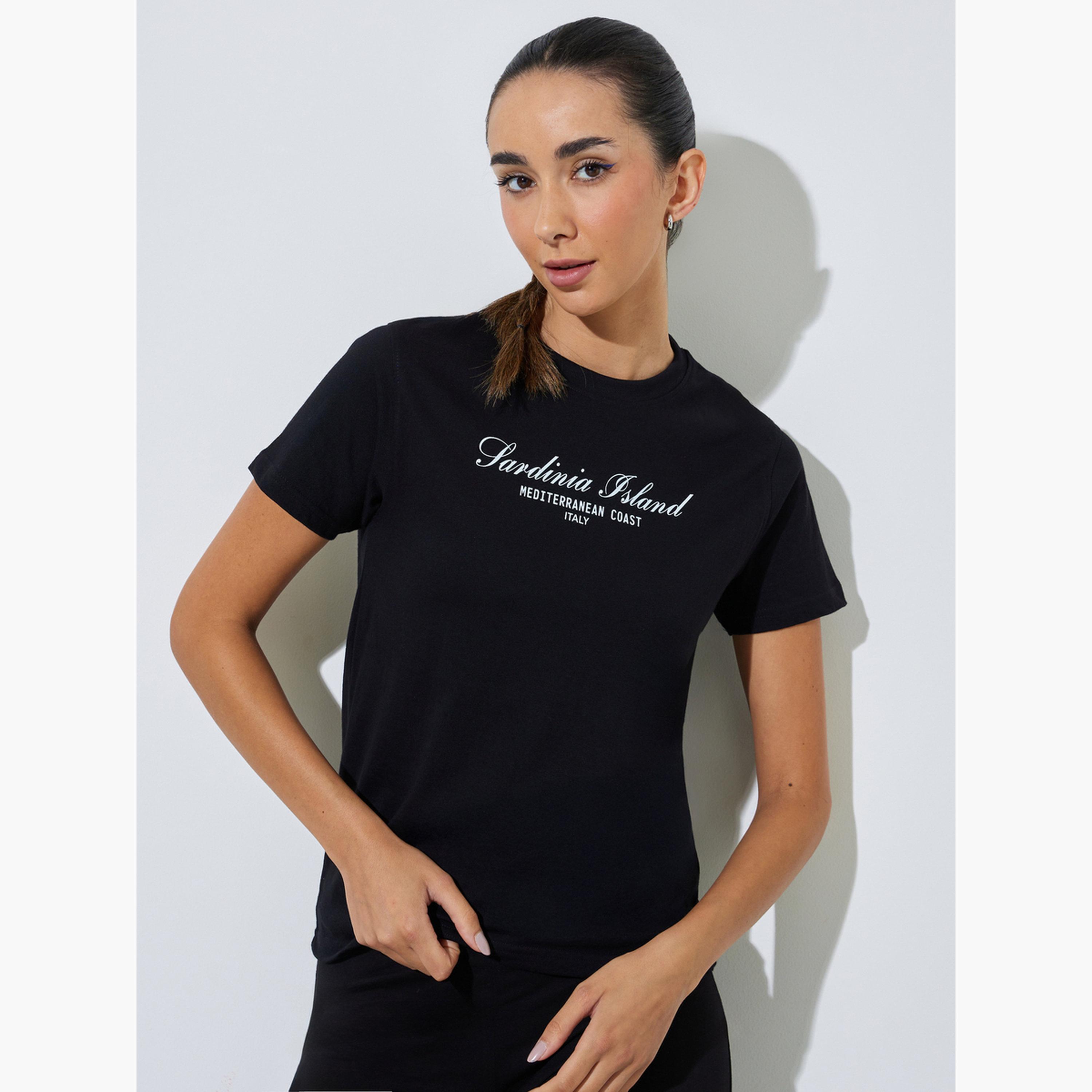 Styli Black Cotton Text Print T-Shirt and Flared Leggings Co-Ord Set-women-clothing-coordsets-image-3