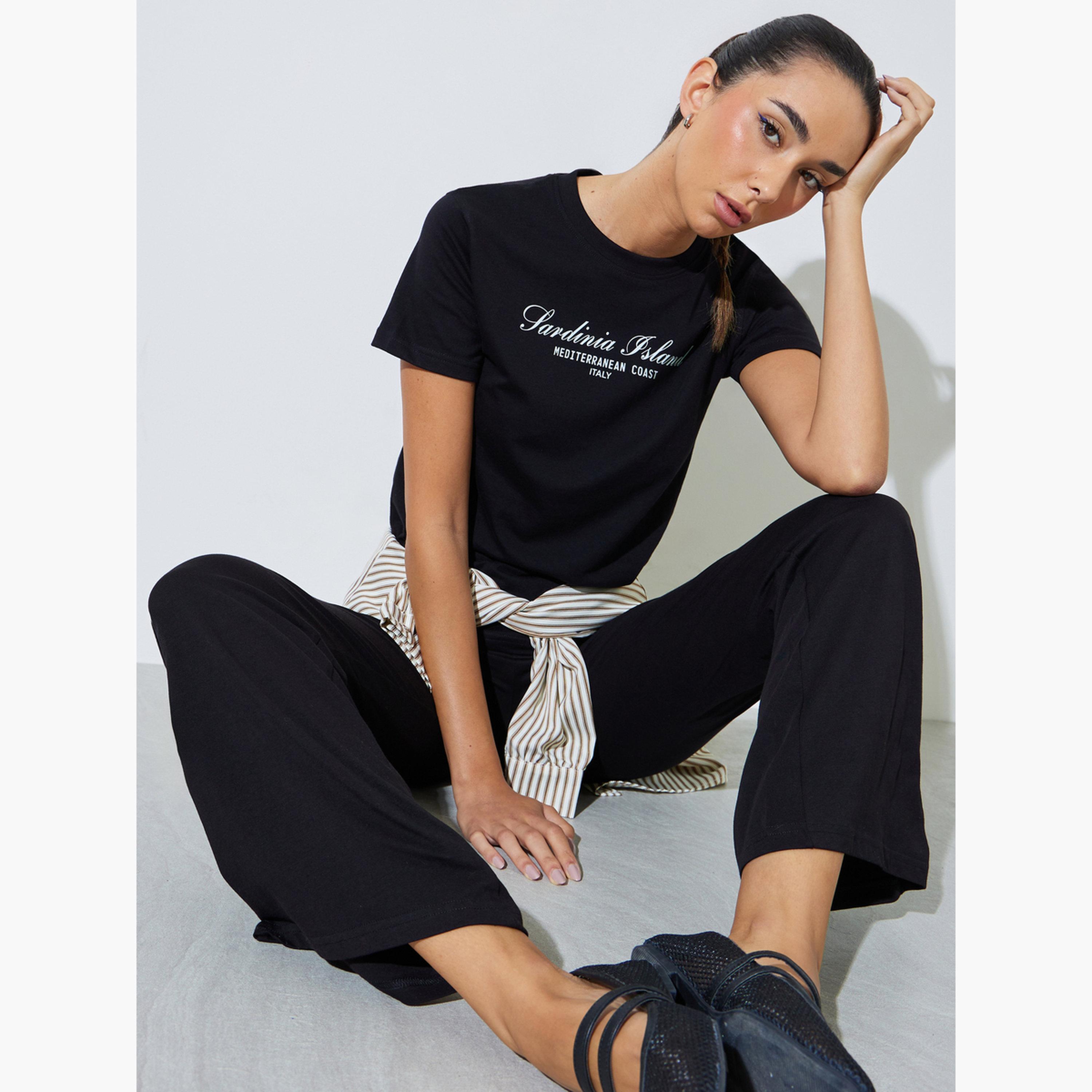 Styli Black Cotton Text Print T-Shirt and Flared Leggings Co-Ord Set-women-clothing-coordsets-image-4