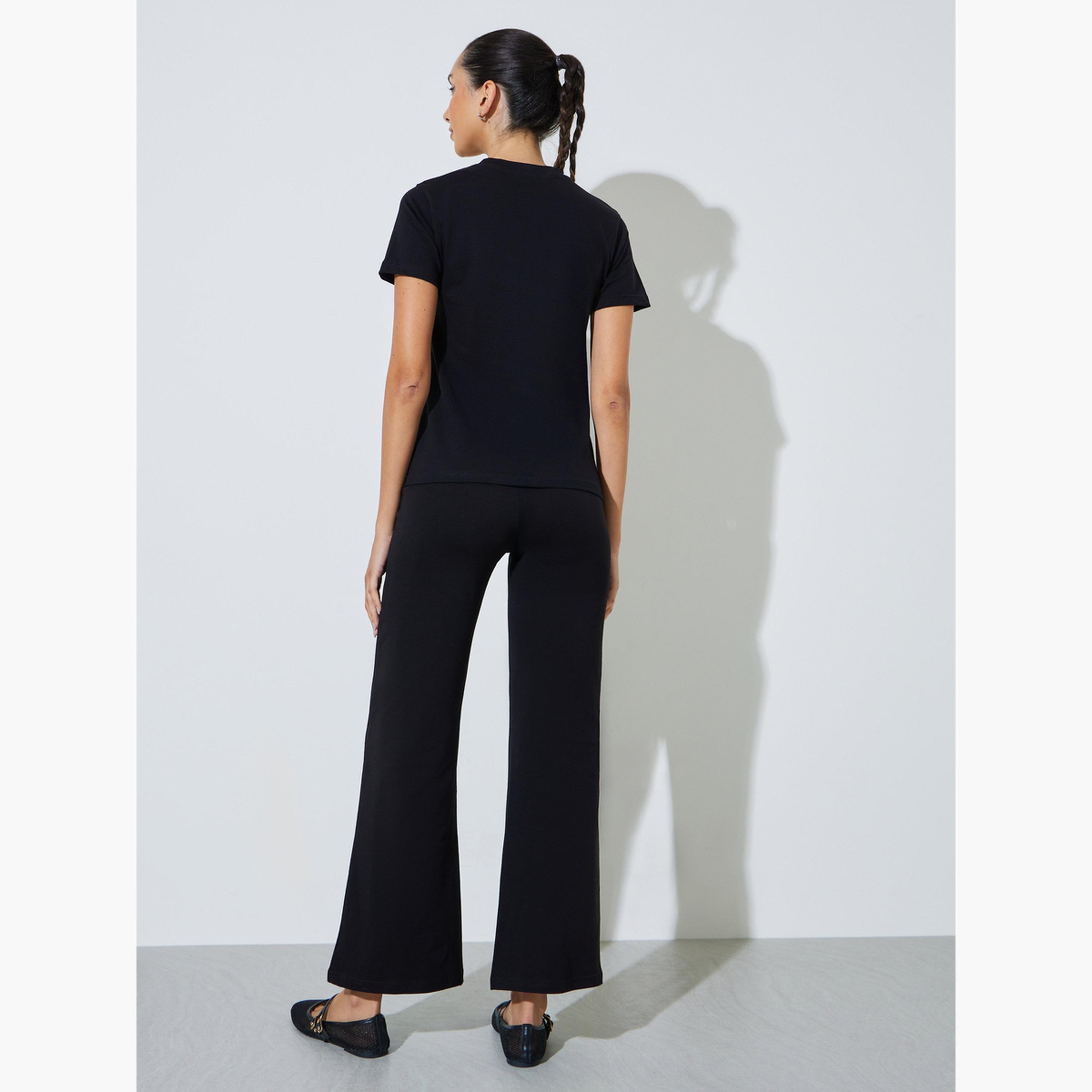 Styli Black Cotton Text Print T-Shirt and Flared Leggings Co-Ord Set-women-clothing-coordsets-image-6