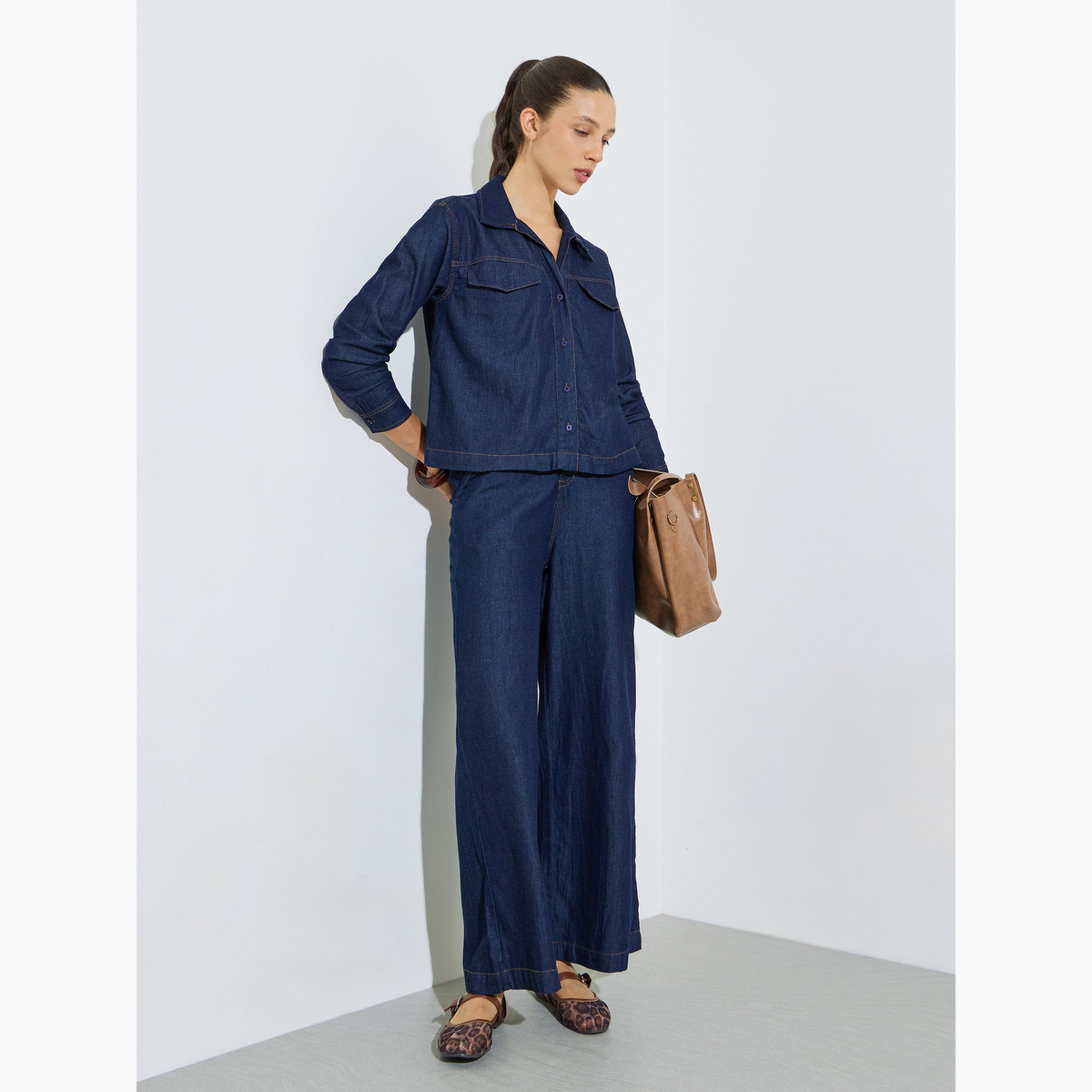 طقم منسق من قطن بنطال بأرجل واسعة وبلوزة دنيم-women-clothing-coordsets-image-1