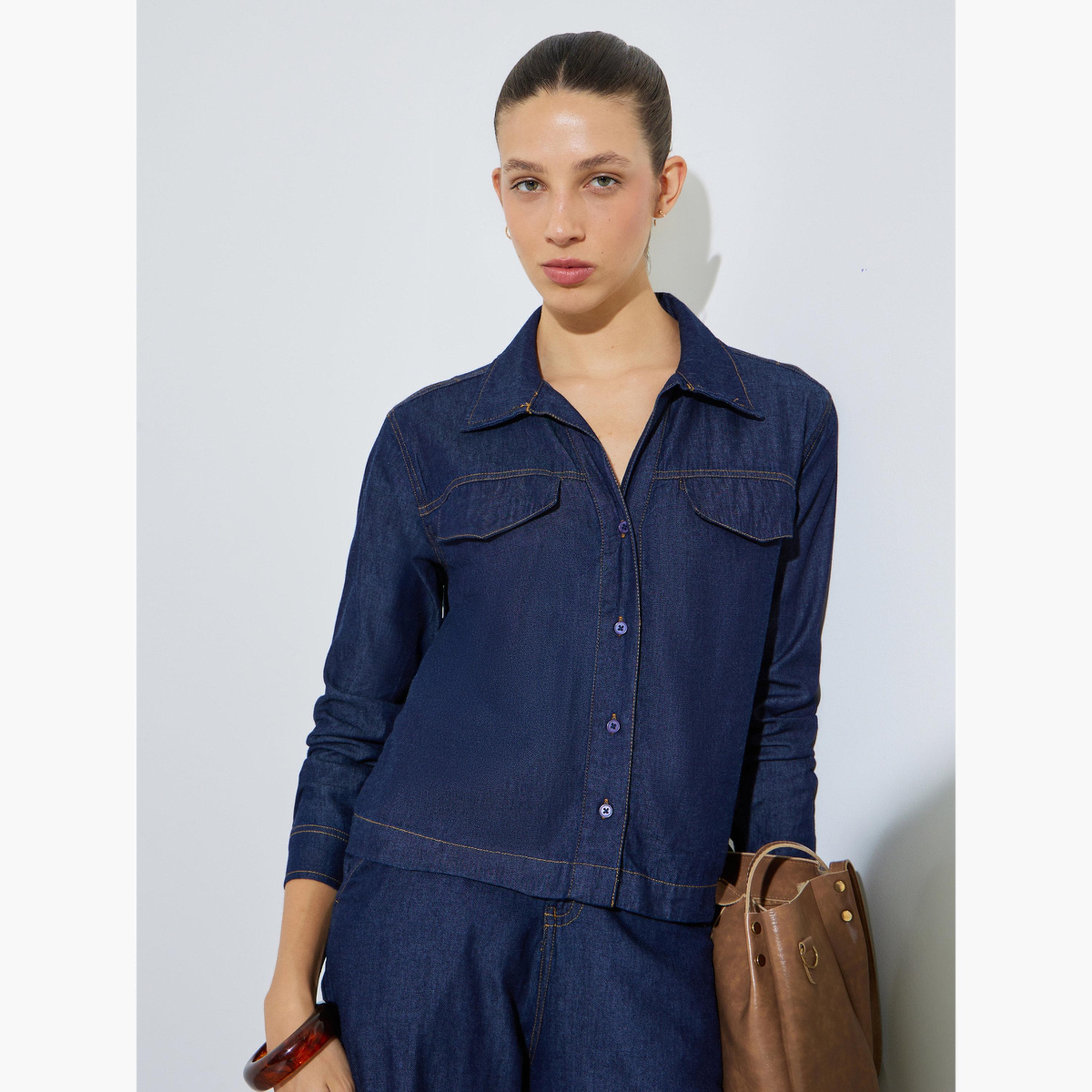 طقم منسق من قطن بنطال بأرجل واسعة وبلوزة دنيم-women-clothing-coordsets-image-2