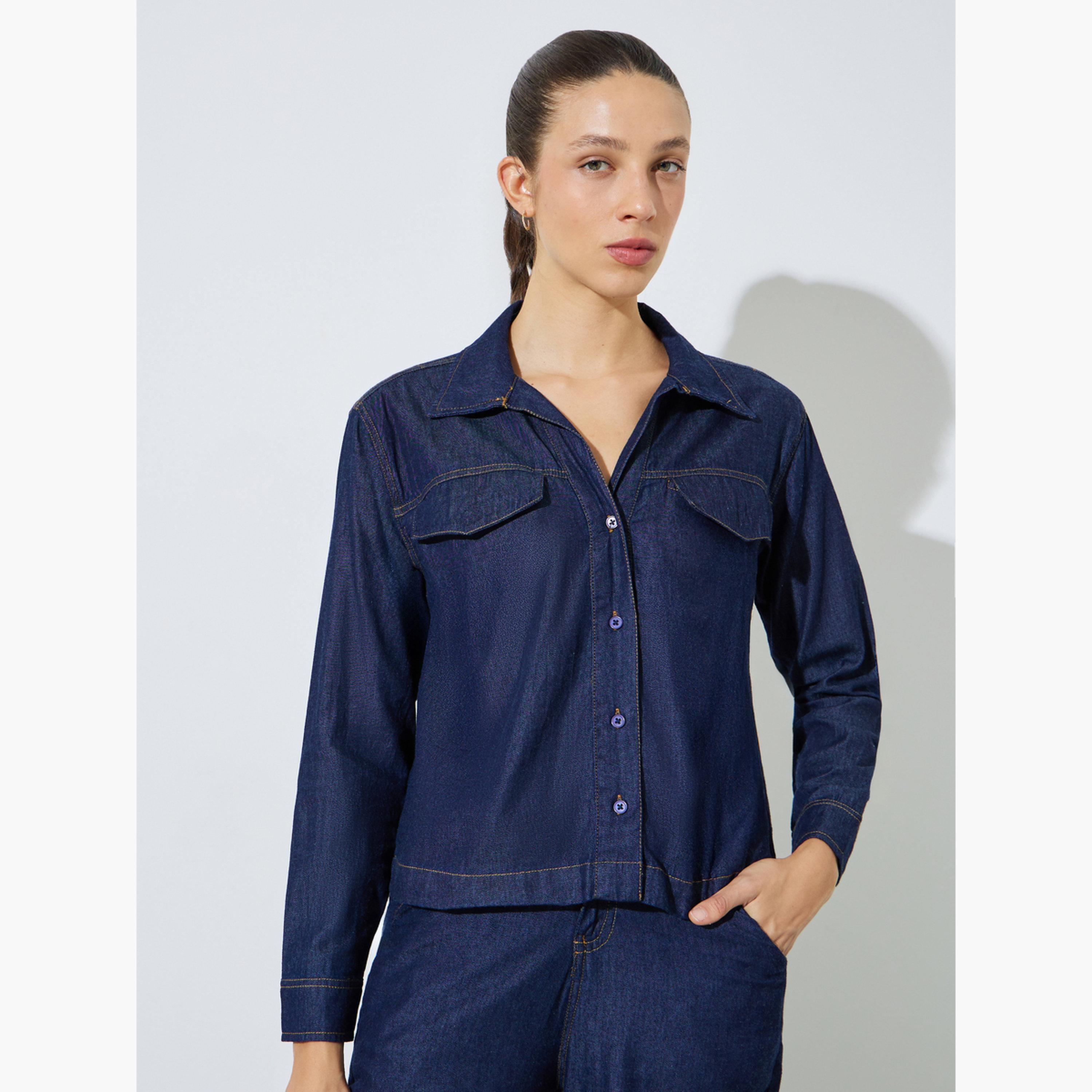 طقم منسق من قطن بنطال بأرجل واسعة وبلوزة دنيم-women-clothing-coordsets-image-4