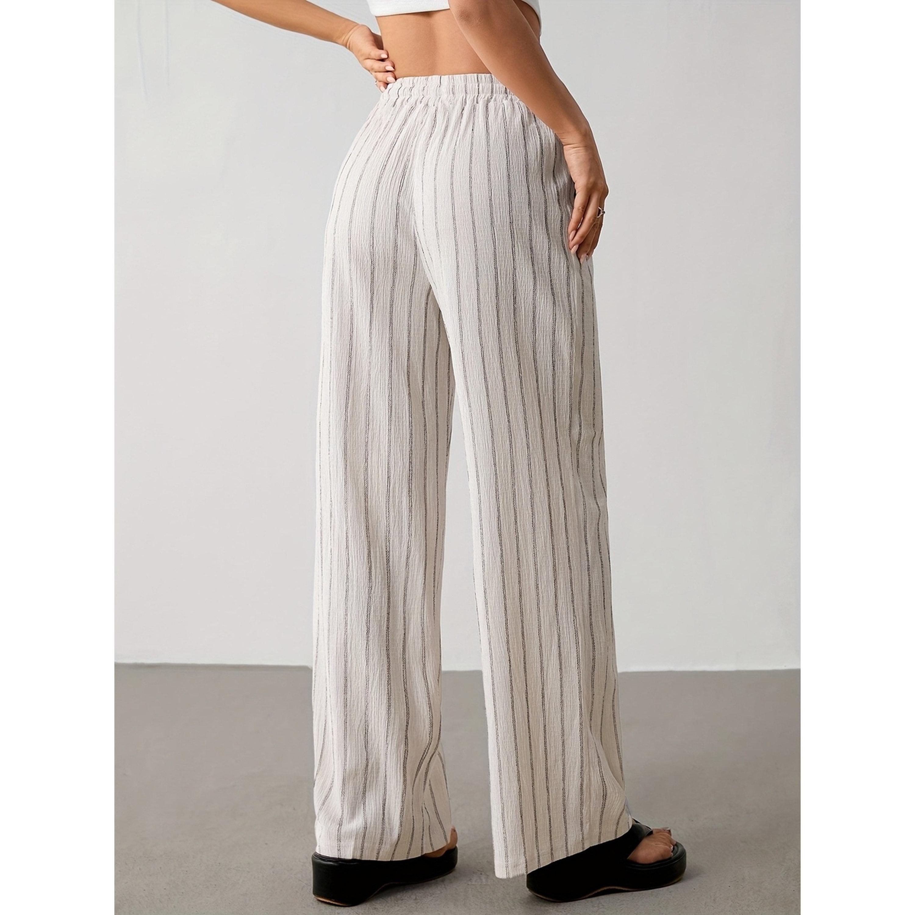 بنطال بأرجل واسعة ومخطط بلون كريمي-women-clothing-joggers-image-3