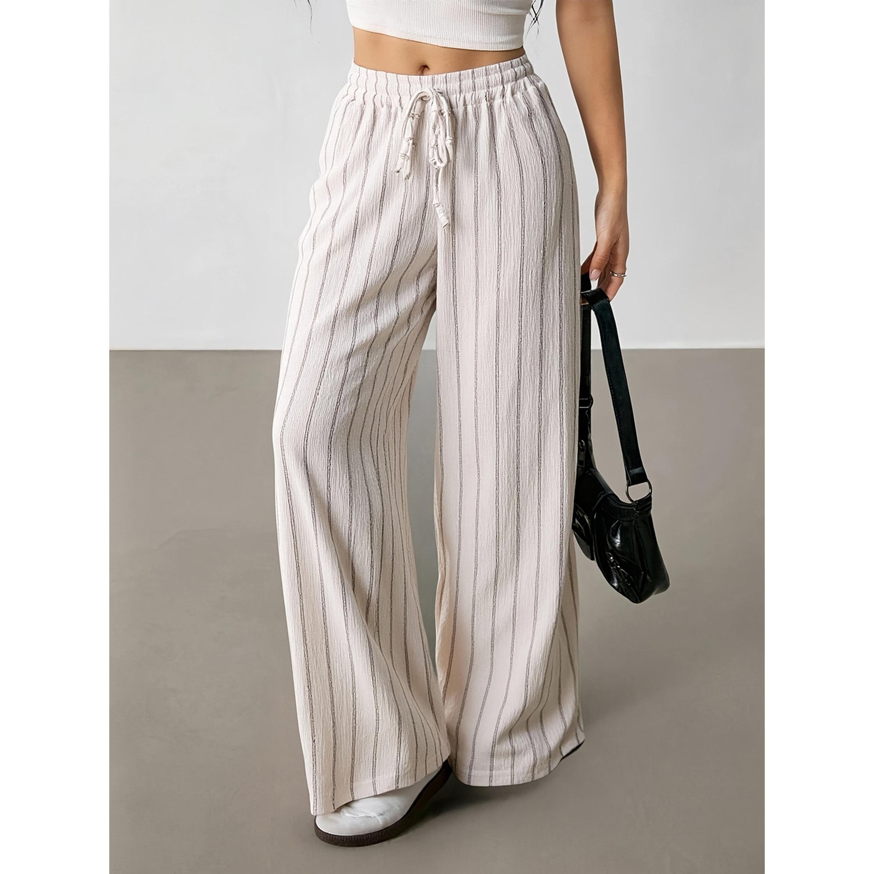 بنطال بأرجل واسعة ومخطط بلون كريمي-women-clothing-joggers-image-4