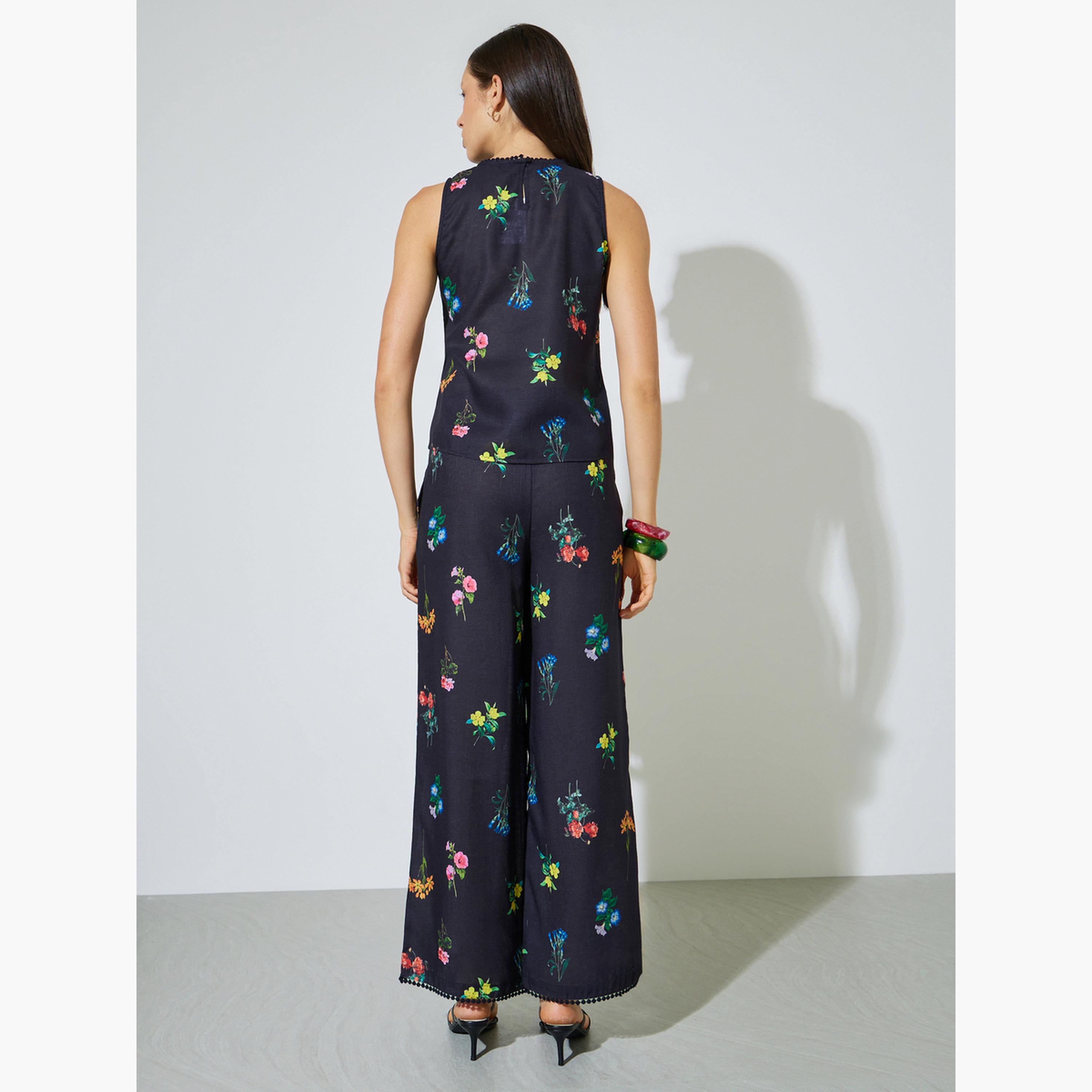 Styli Black Floral Print Top and Wide Leg Pants Co-ord Set-women-clothing-coordsets-image-3