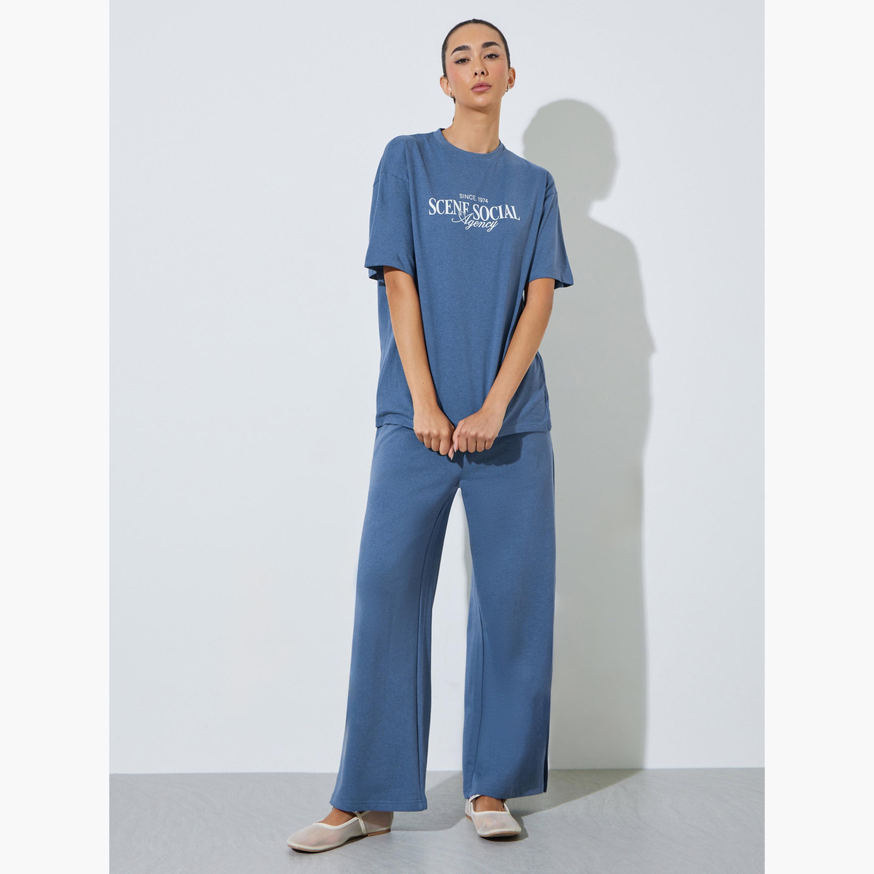 Styli Blue Text Print Cotton Blend T-Shirt and Joggers Co-ord Set-women-clothing-coordsets-image-1