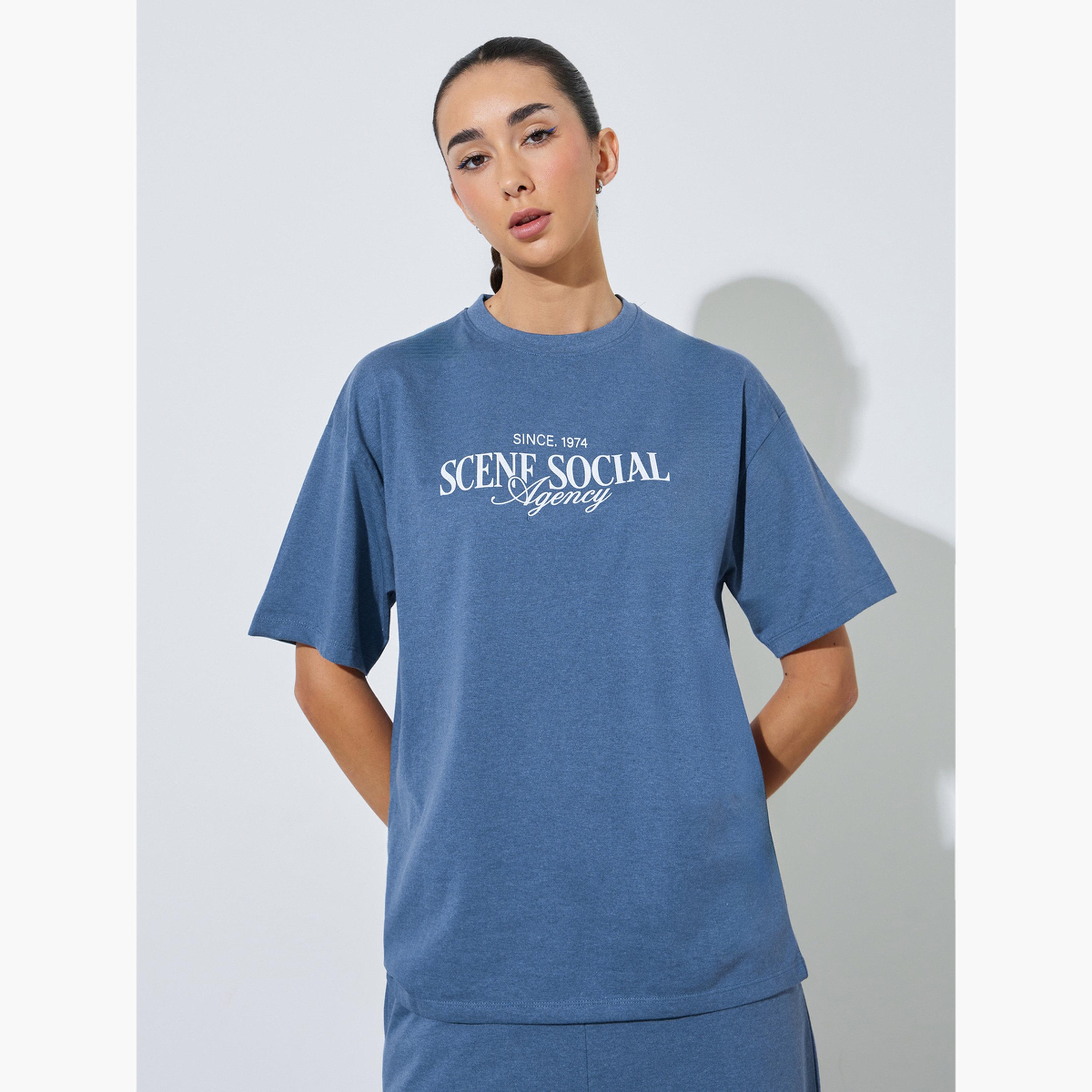 Styli Blue Text Print Cotton Blend T-Shirt and Joggers Co-ord Set-women-clothing-coordsets-image-2
