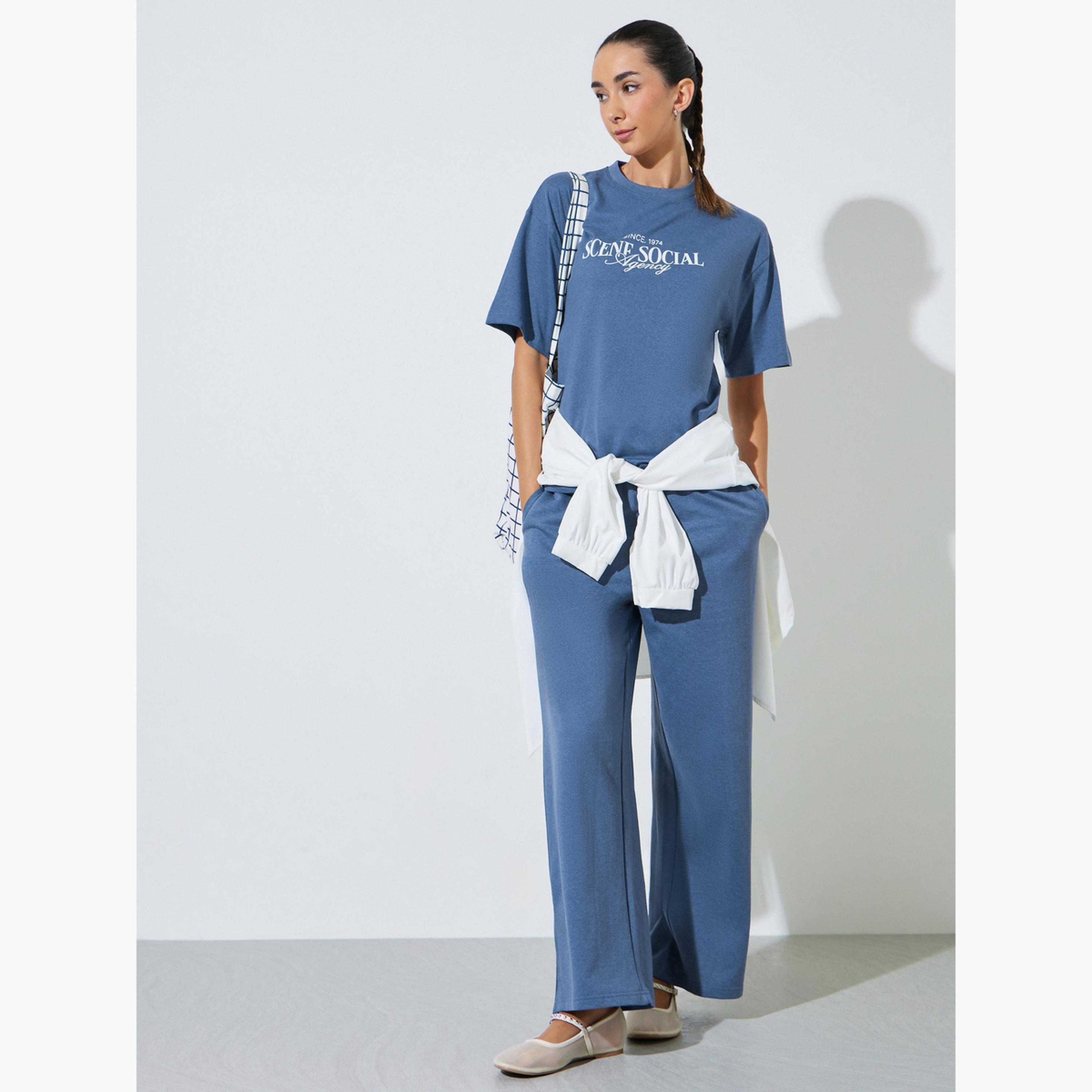 Styli Blue Text Print Cotton Blend T-Shirt and Joggers Co-ord Set-women-clothing-coordsets-image-3