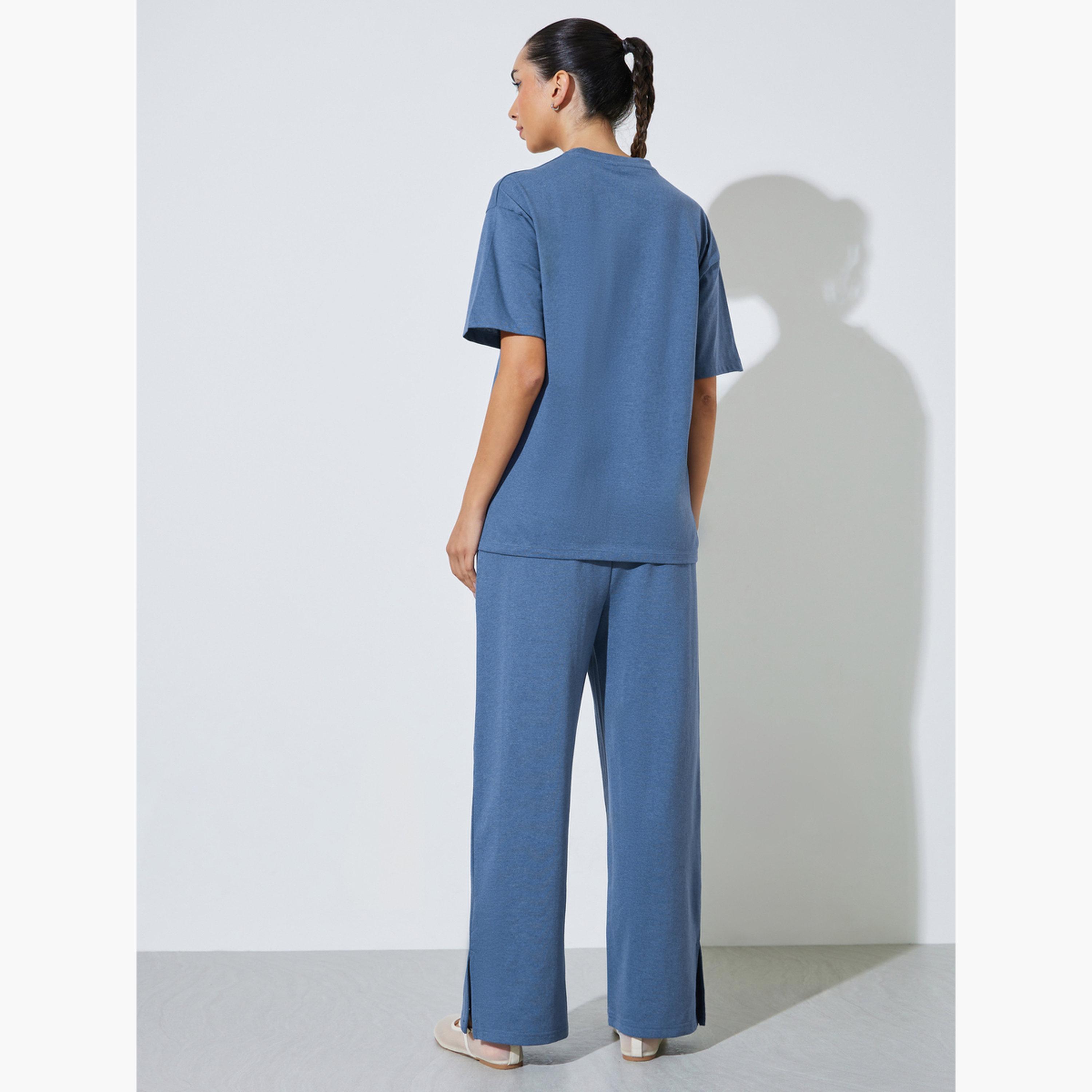 Styli Blue Text Print Cotton Blend T-Shirt and Joggers Co-ord Set-women-clothing-coordsets-image-4