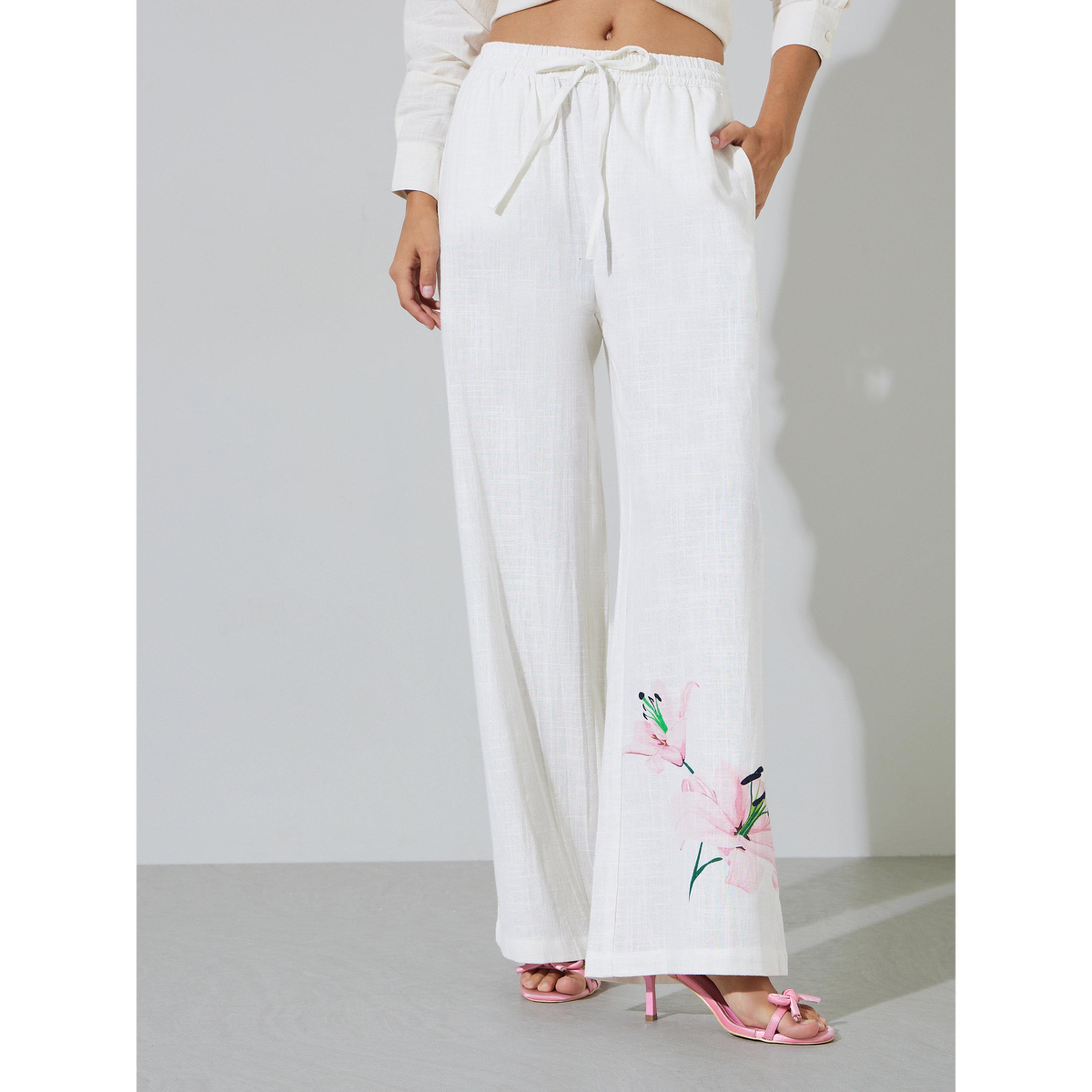Styli Off White Floral Print Wide Leg Drawstring Waist Trousers-women-clothing-joggers-image-1