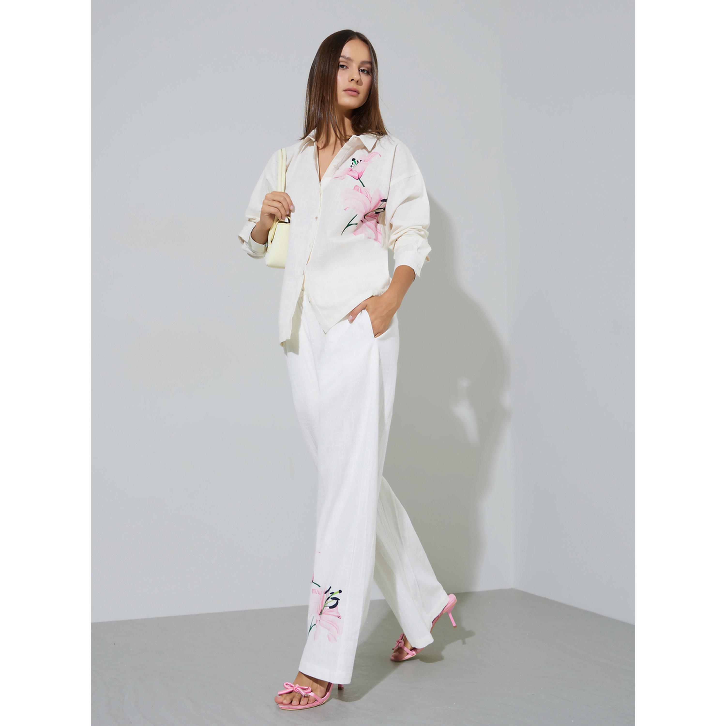Styli Off White Floral Print Wide Leg Drawstring Waist Trousers-women-clothing-joggers-image-2