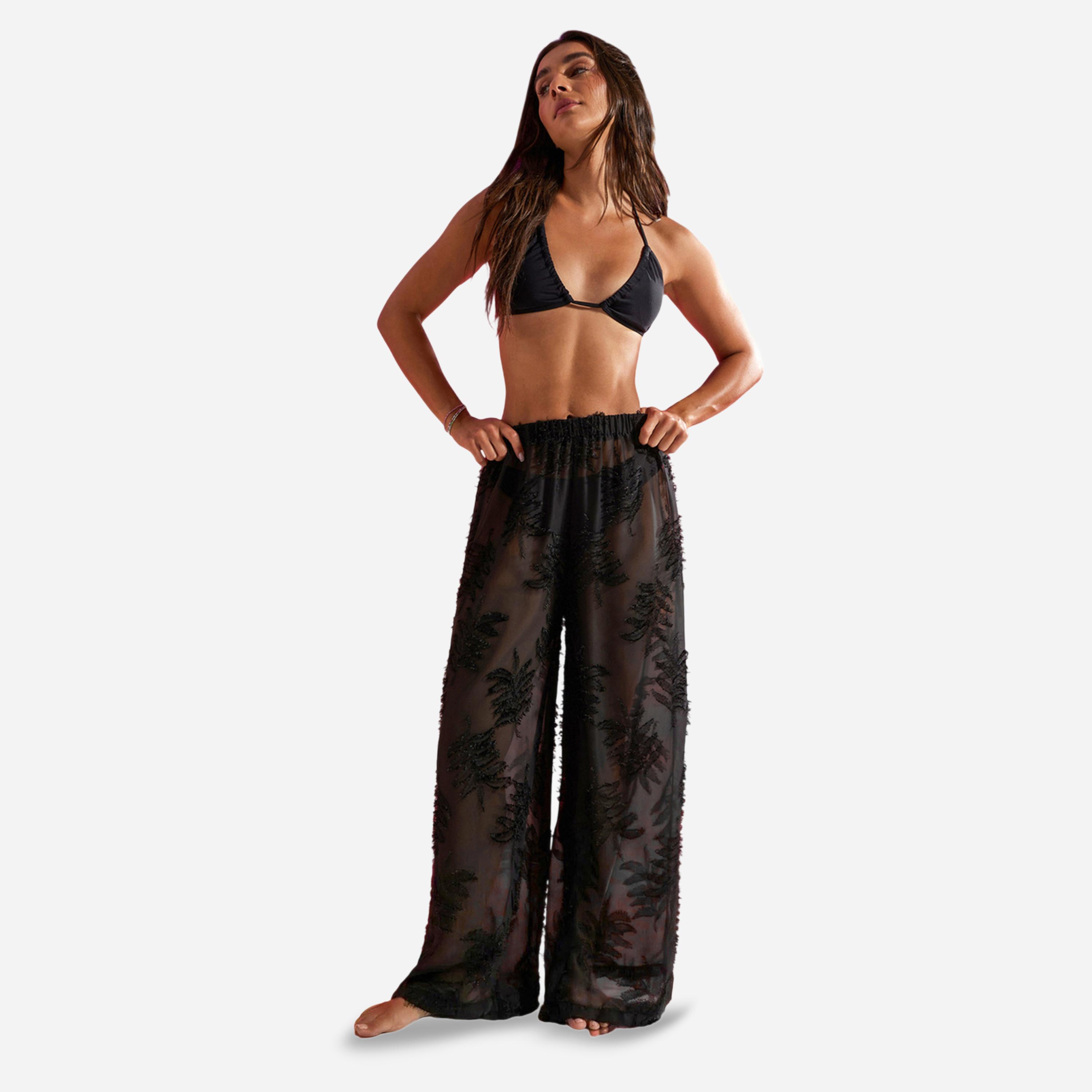 بنطال بحر بقصة واسعة وتفاصيل أوراق شجر جاكار بارزة الملمس-women-clothing-swimandbeach-beach-beachwear-image-2