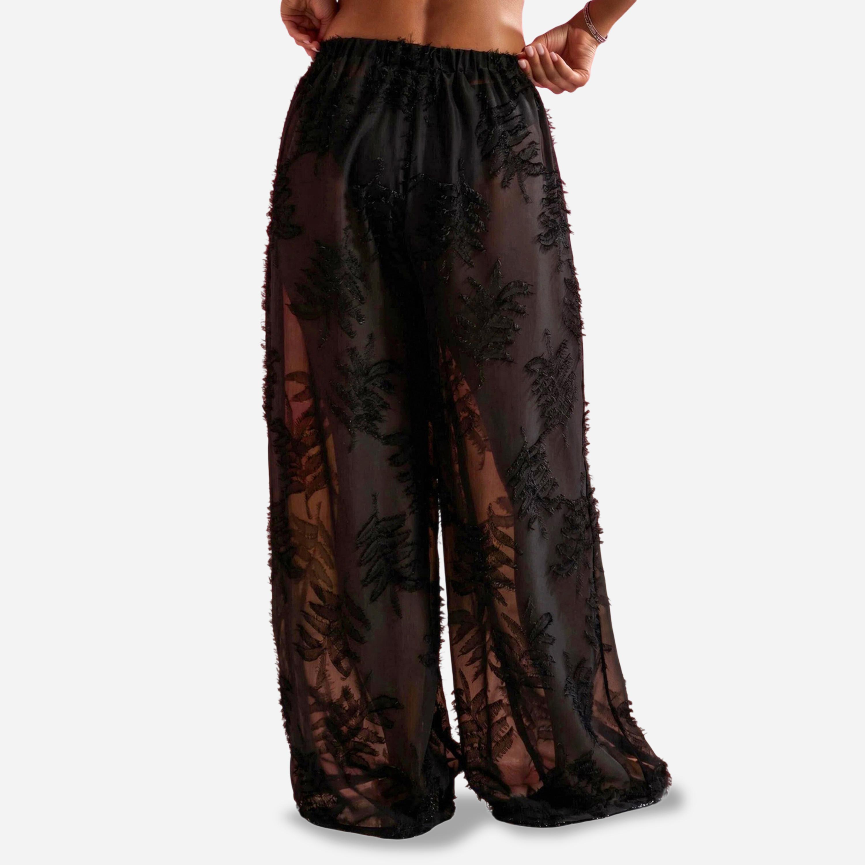 بنطال بحر بقصة واسعة وتفاصيل أوراق شجر جاكار بارزة الملمس-women-clothing-swimandbeach-beach-beachwear-image-4