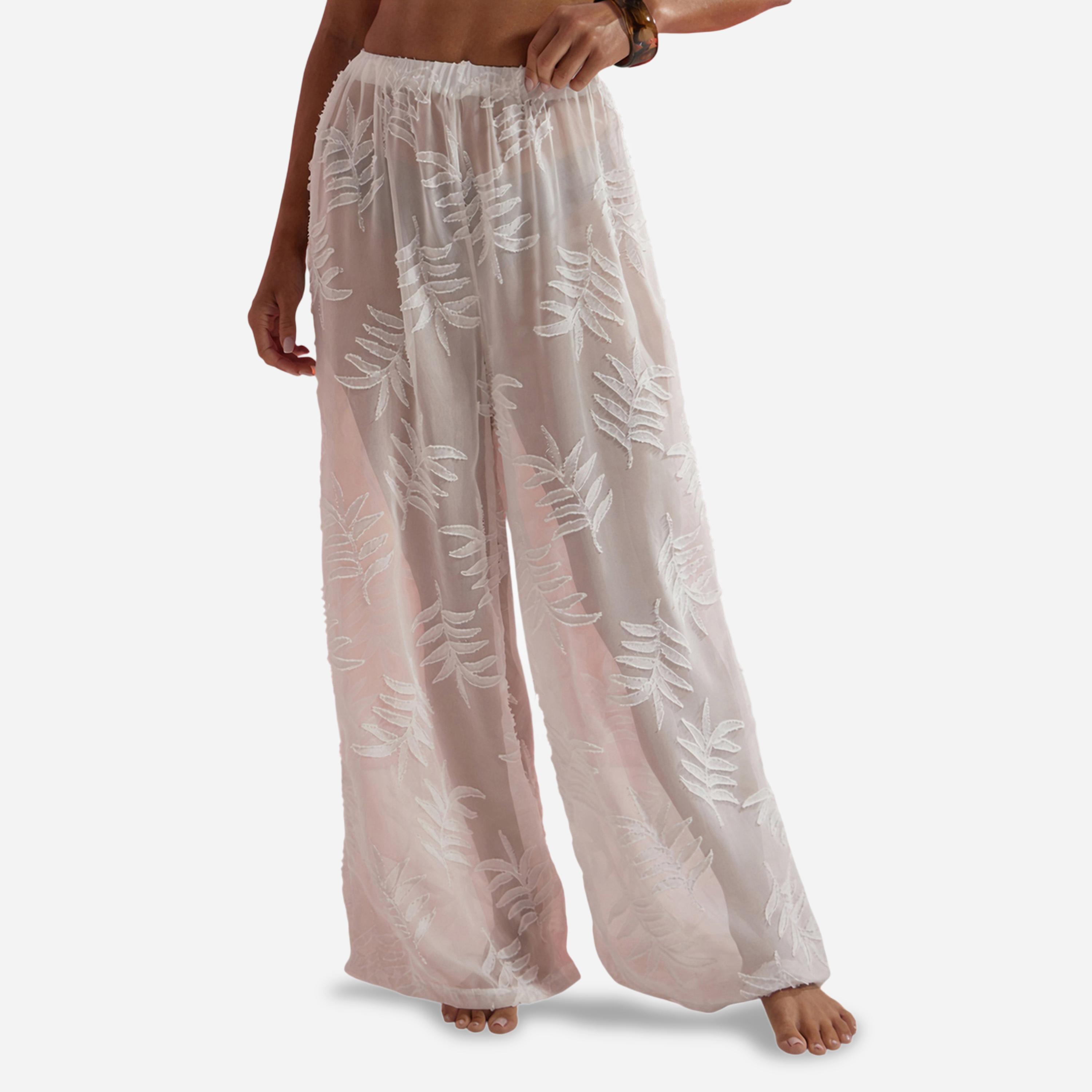 Styli White Jacquard Leaf Textured Loose Fit Beach Pants-women-clothing-swimandbeach-beach-beachwear-image-1