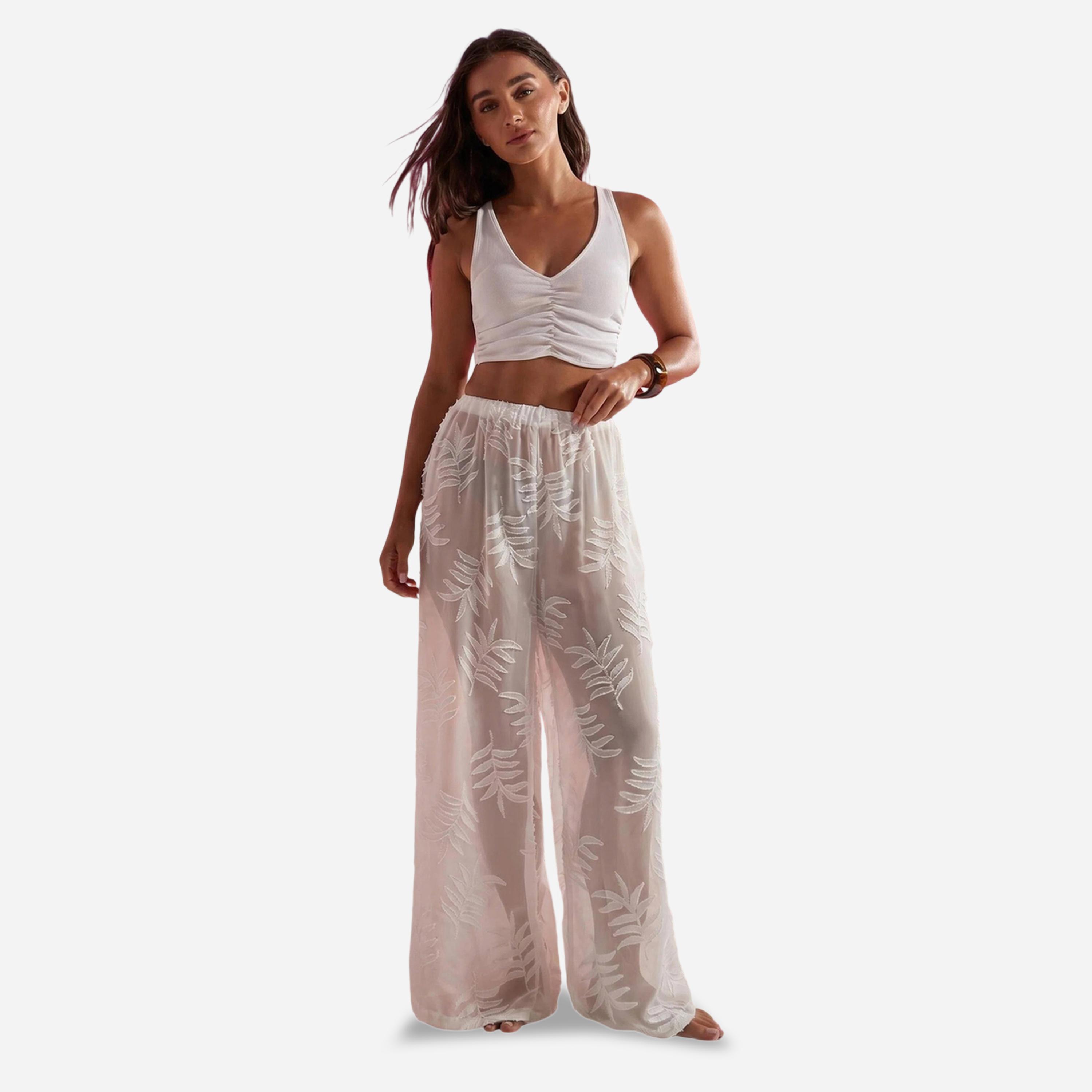 Styli White Jacquard Leaf Textured Loose Fit Beach Pants-women-clothing-swimandbeach-beach-beachwear-image-2