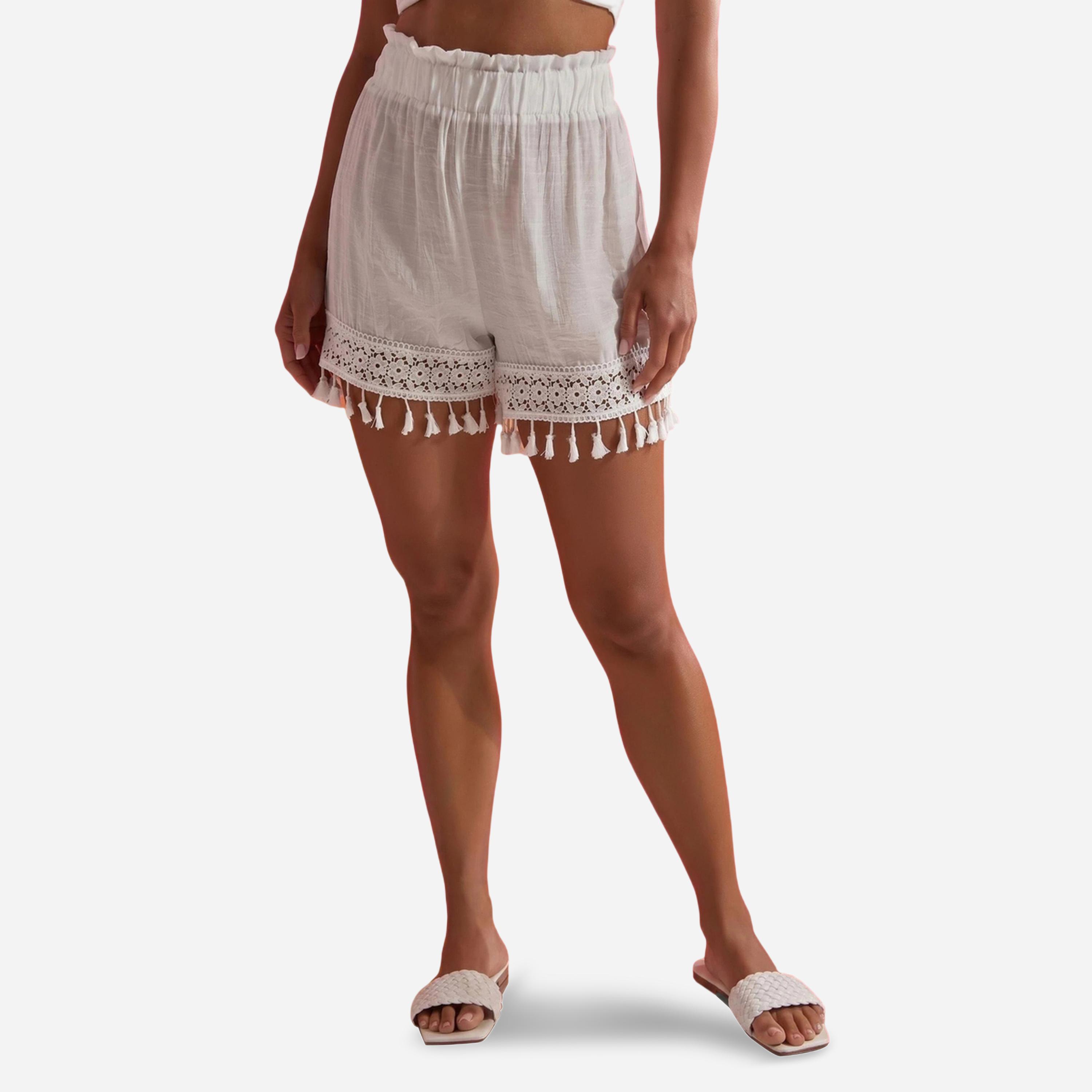 شورت مزيج قطن بحافة شراشيب-women-clothing-swimandbeach-beach-beachwear-image-1