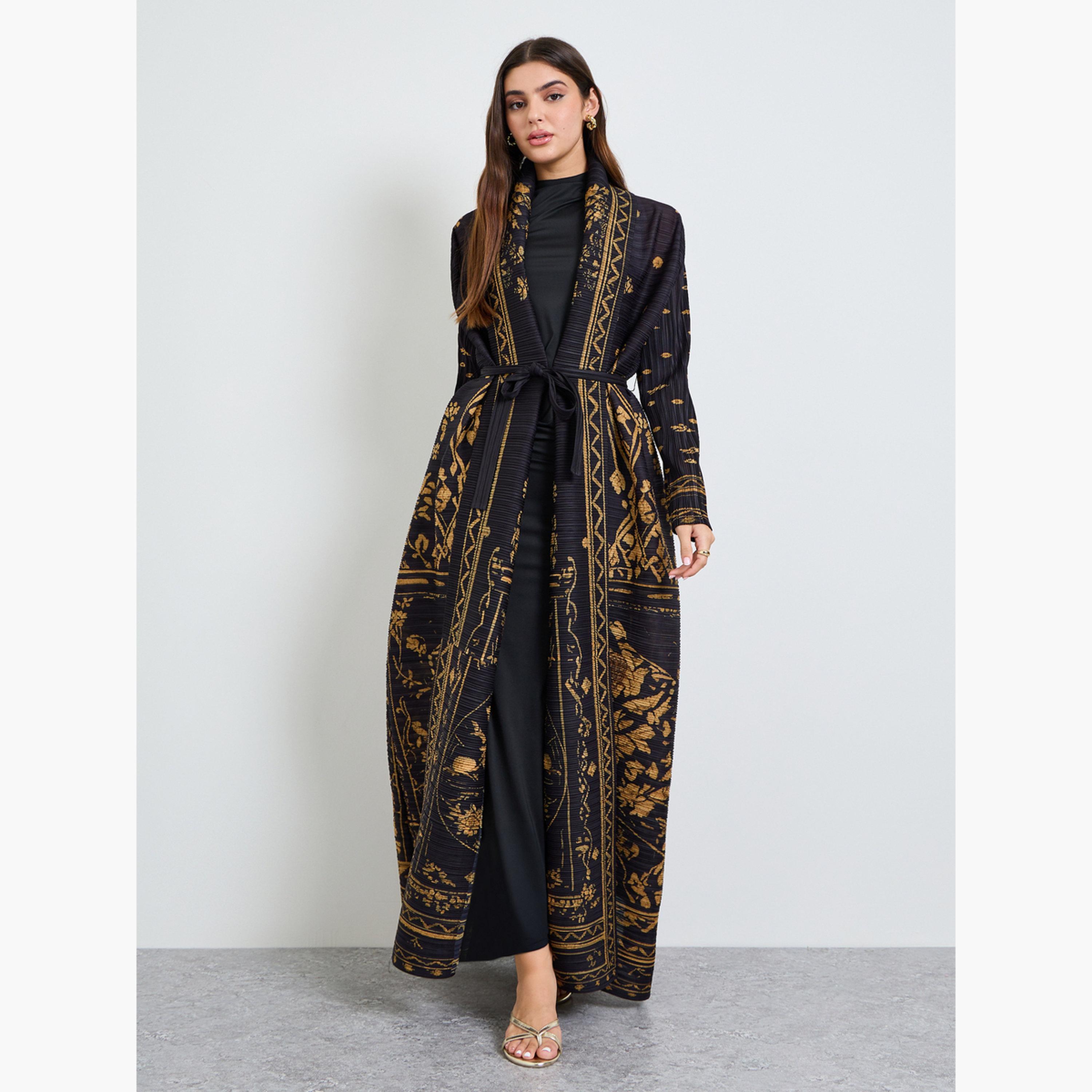 Take Two Black All Over Print Plisse Abaya with Tie-Belt-women-arabicclothing-abayas-image-1