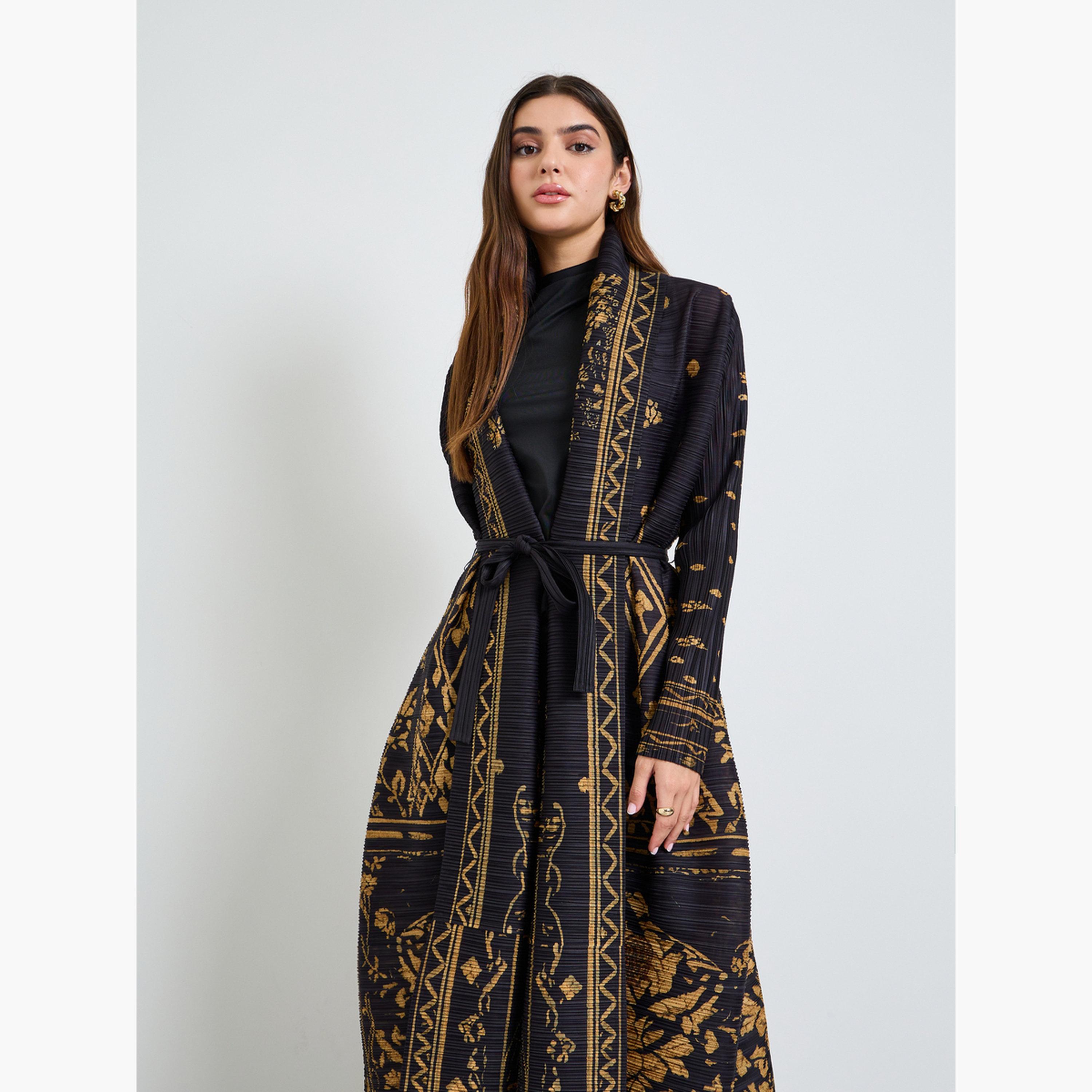 Take Two Black All Over Print Plisse Abaya with Tie-Belt-women-arabicclothing-abayas-image-2