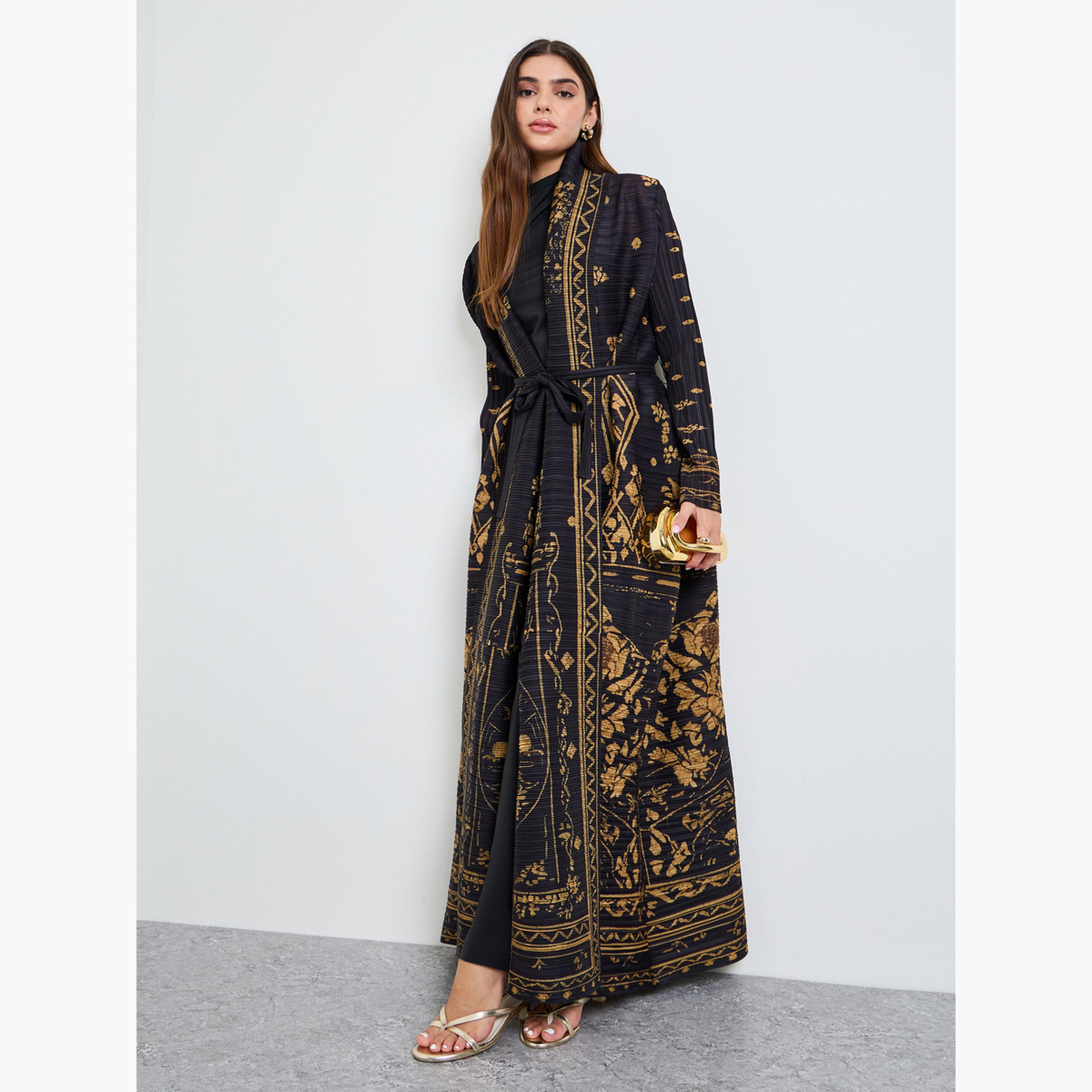 Take Two Black All Over Print Plisse Abaya with Tie-Belt-women-arabicclothing-abayas-image-3