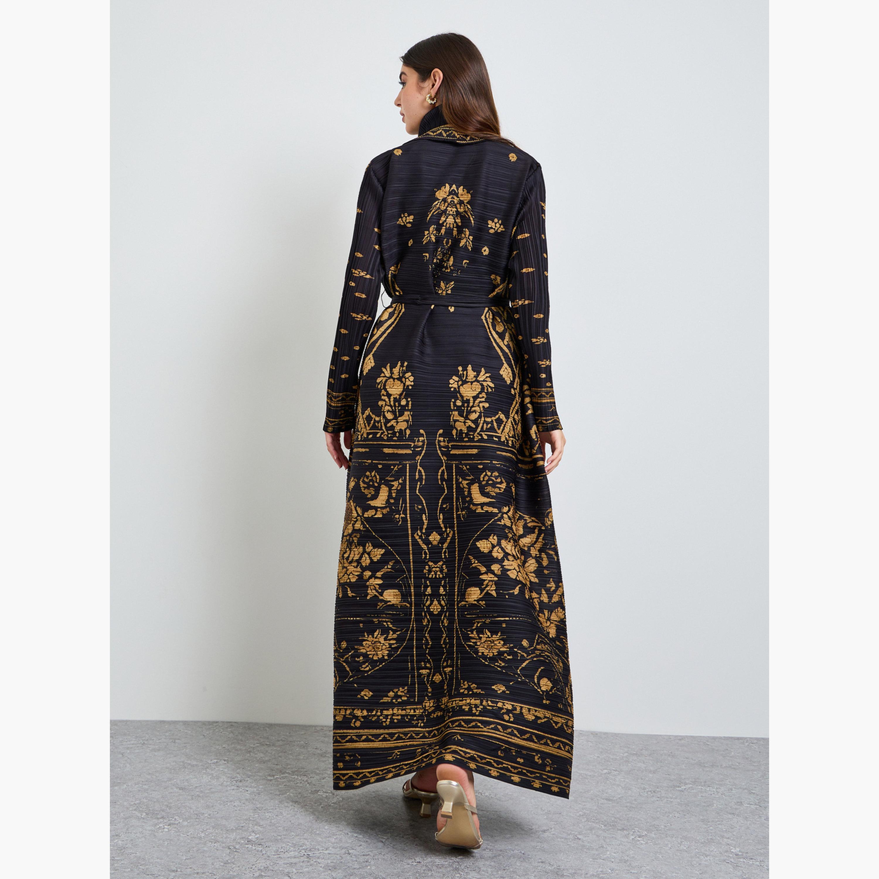 Take Two Black All Over Print Plisse Abaya with Tie-Belt-women-arabicclothing-abayas-image-4