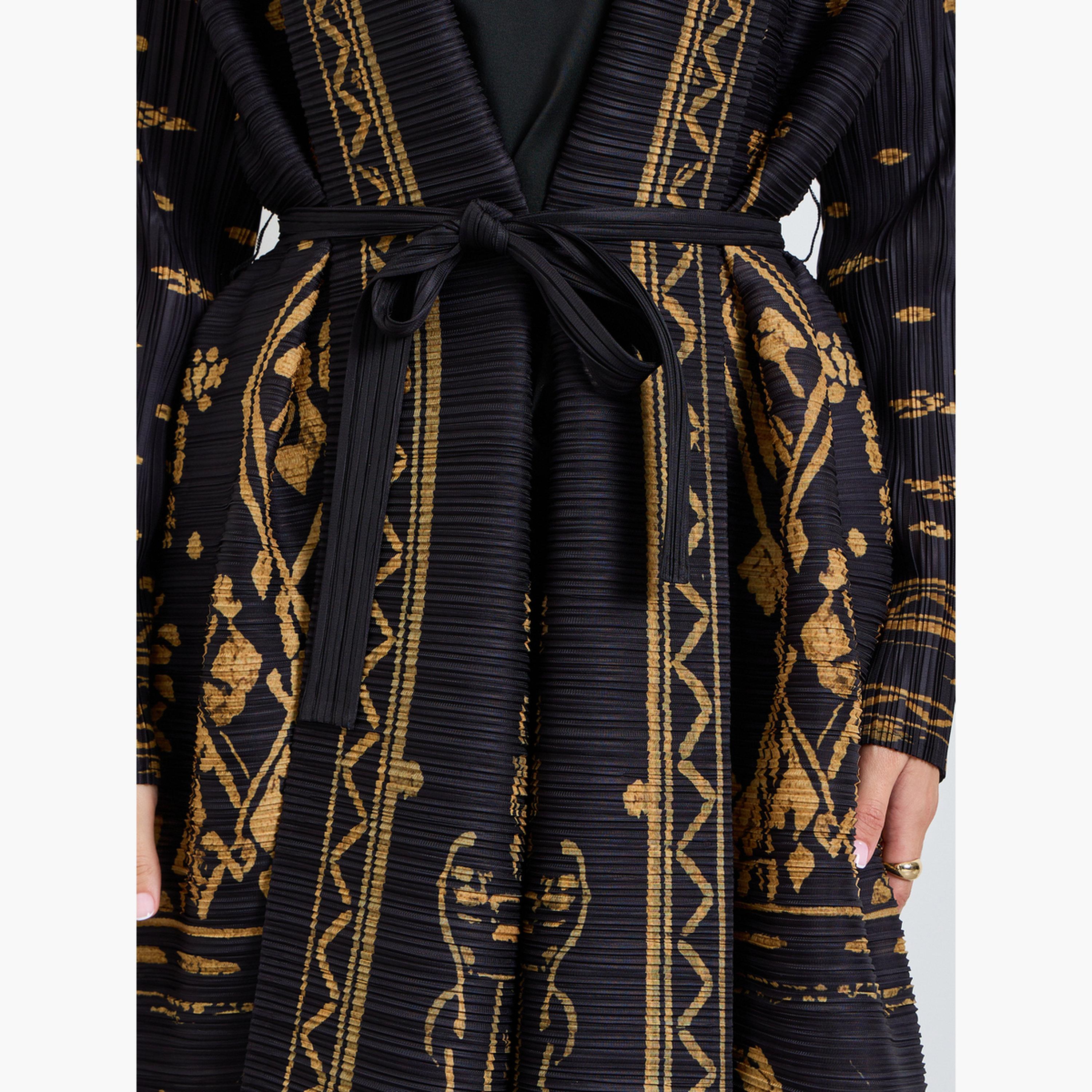 Take Two Black All Over Print Plisse Abaya with Tie-Belt-women-arabicclothing-abayas-image-5