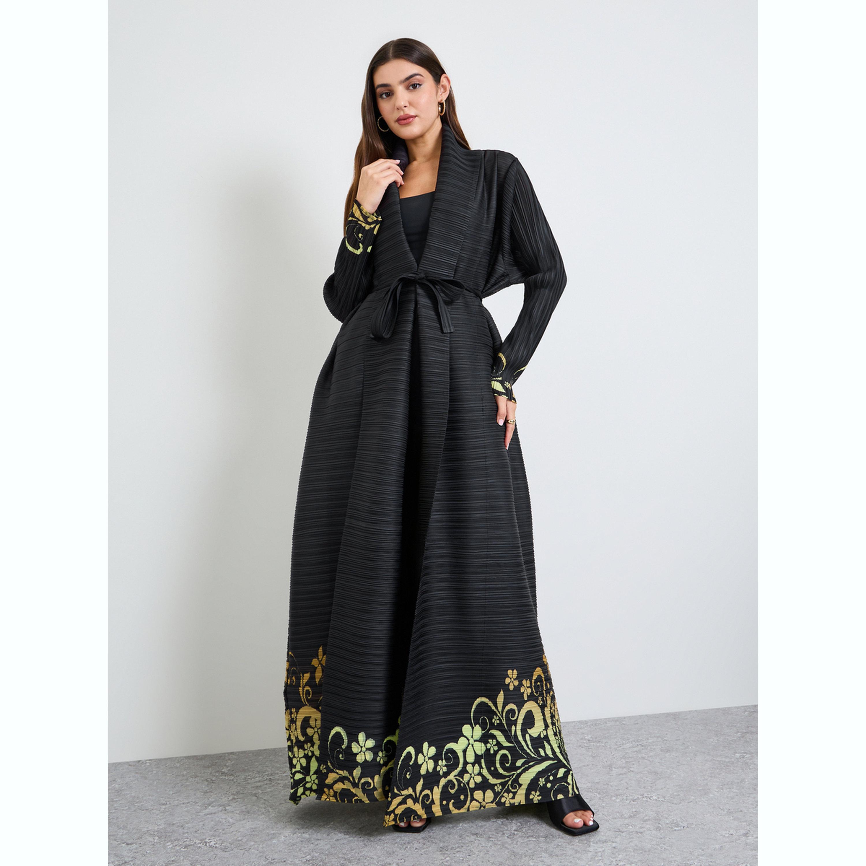 Take Two Printed Textured Pleated Open Front Abaya-women-arabicclothing-abayas-image-1