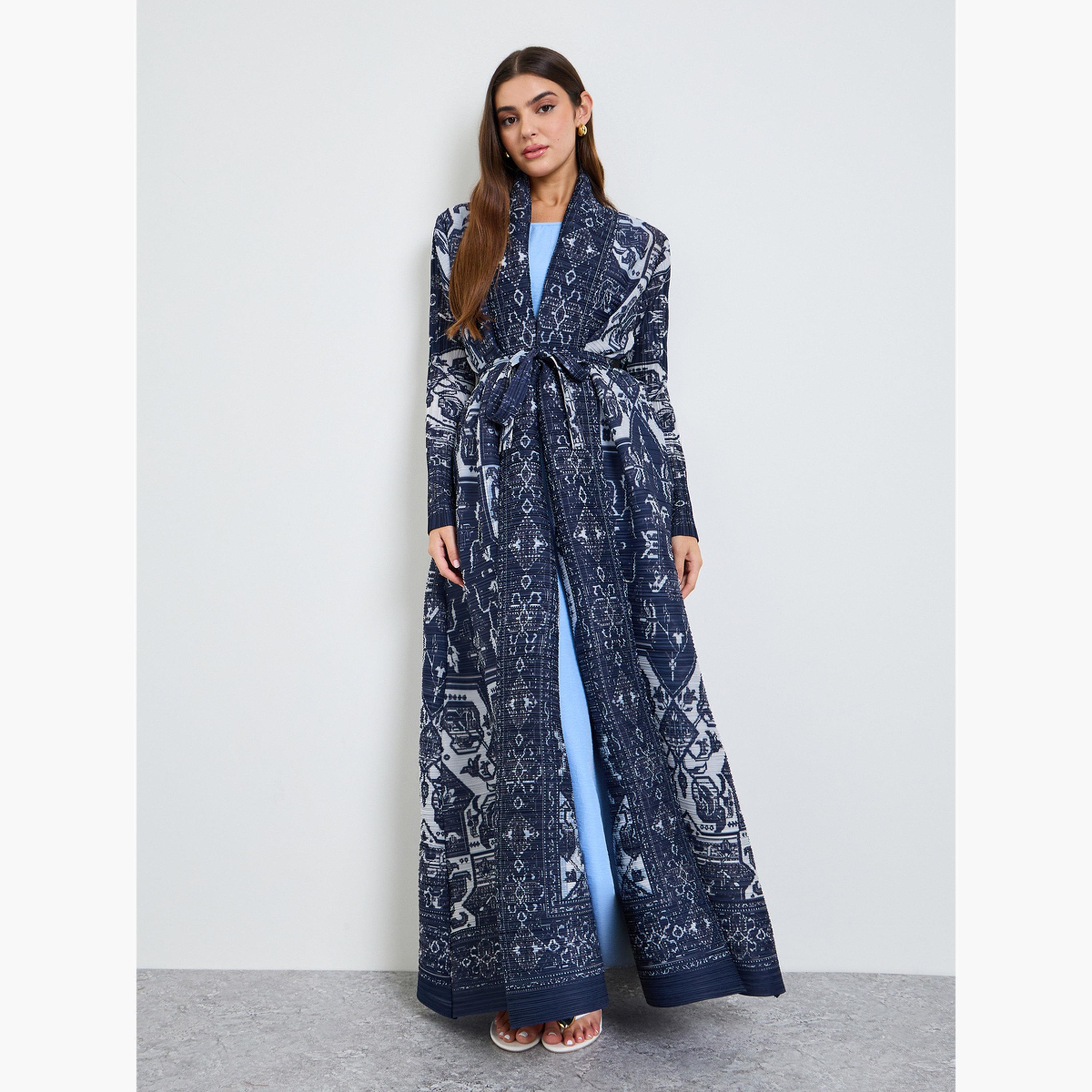 Take Two Dark Blue All Over Print Plisse Abaya with Tie-Belt-women-arabicclothing-abayas-image-1