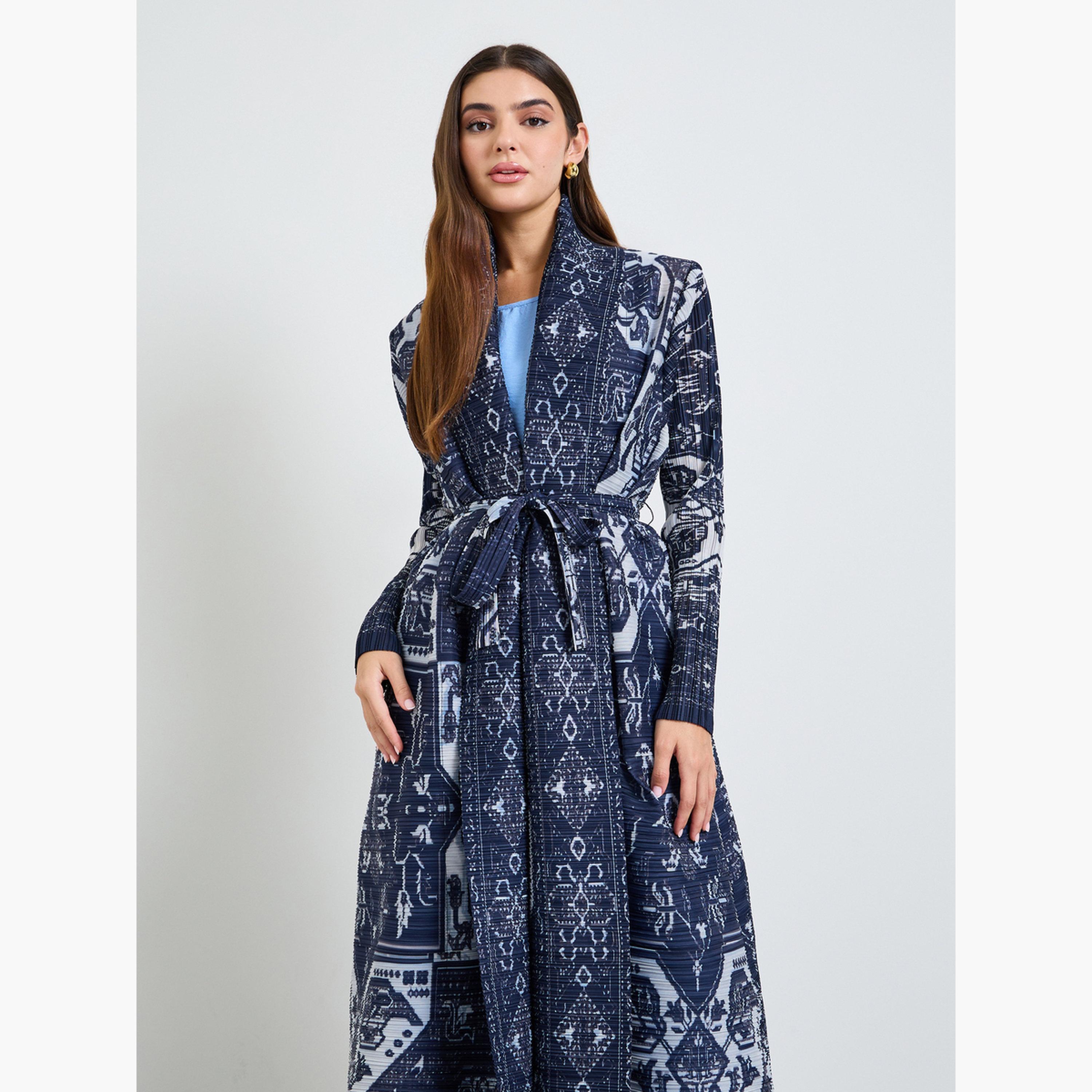 Take Two Dark Blue All Over Print Plisse Abaya with Tie-Belt-women-arabicclothing-abayas-image-2